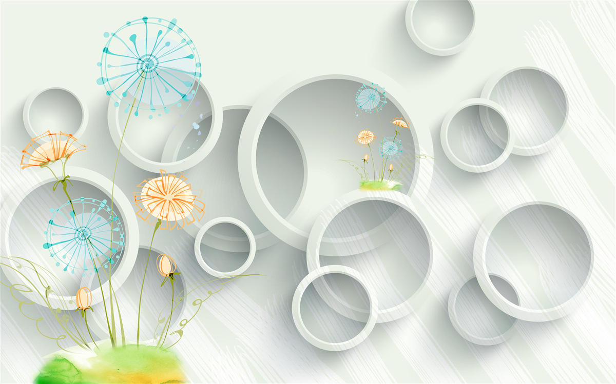 Fotobehang tegen de achtergrond van de cirkels in de wei bloeien paardenbloemen