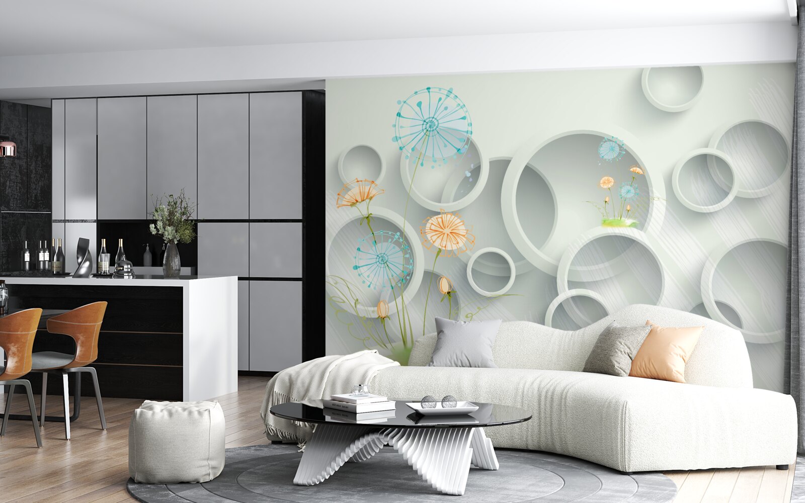 Fotobehang tegen de achtergrond van de cirkels in de wei bloeien paardenbloemen