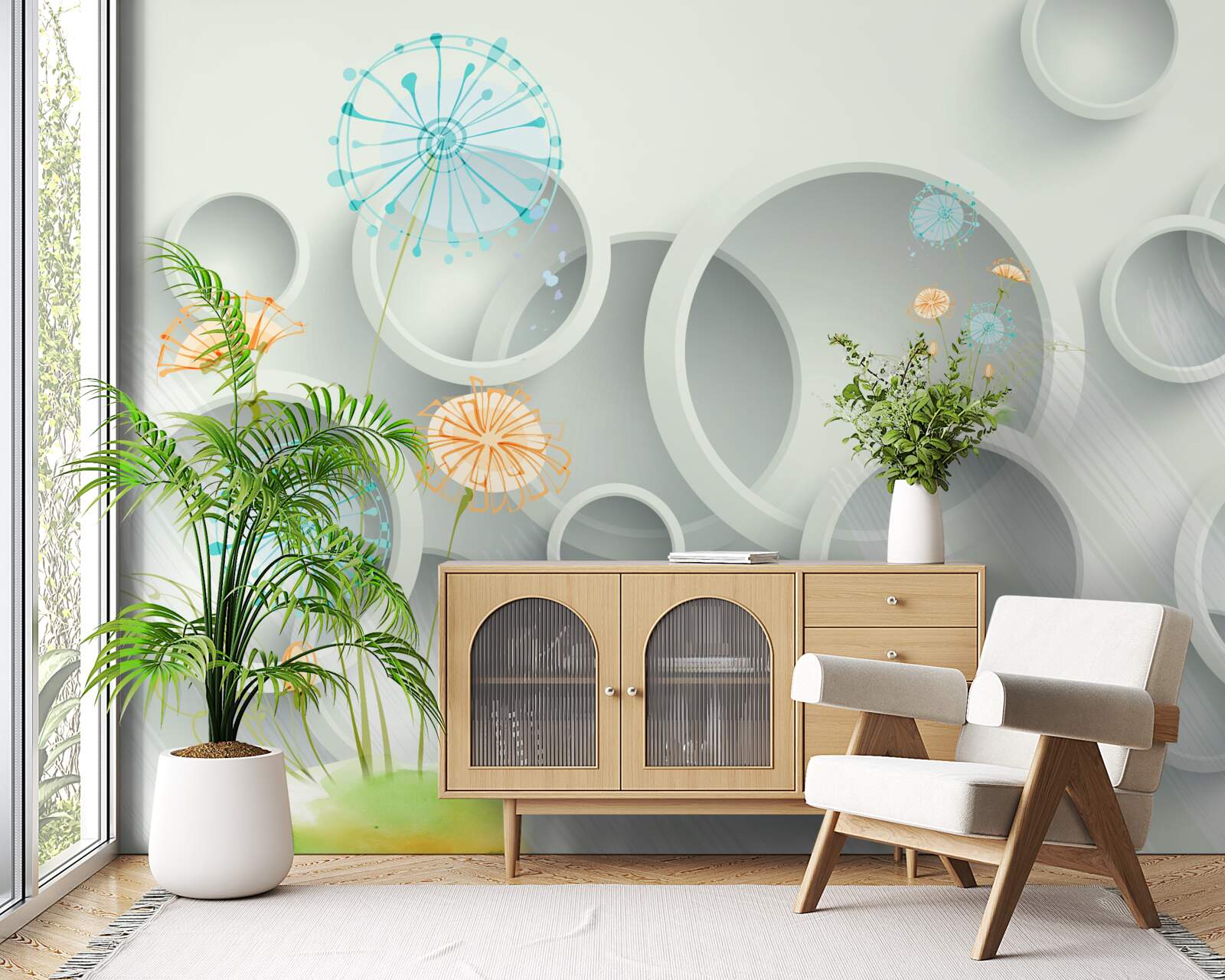 Fotobehang tegen de achtergrond van de cirkels in de wei bloeien paardenbloemen