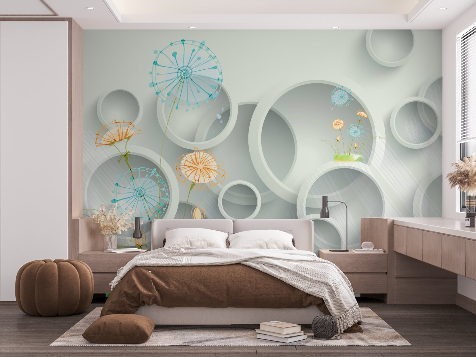 Fotobehang tegen de achtergrond van de cirkels in de wei bloeien paardenbloemen