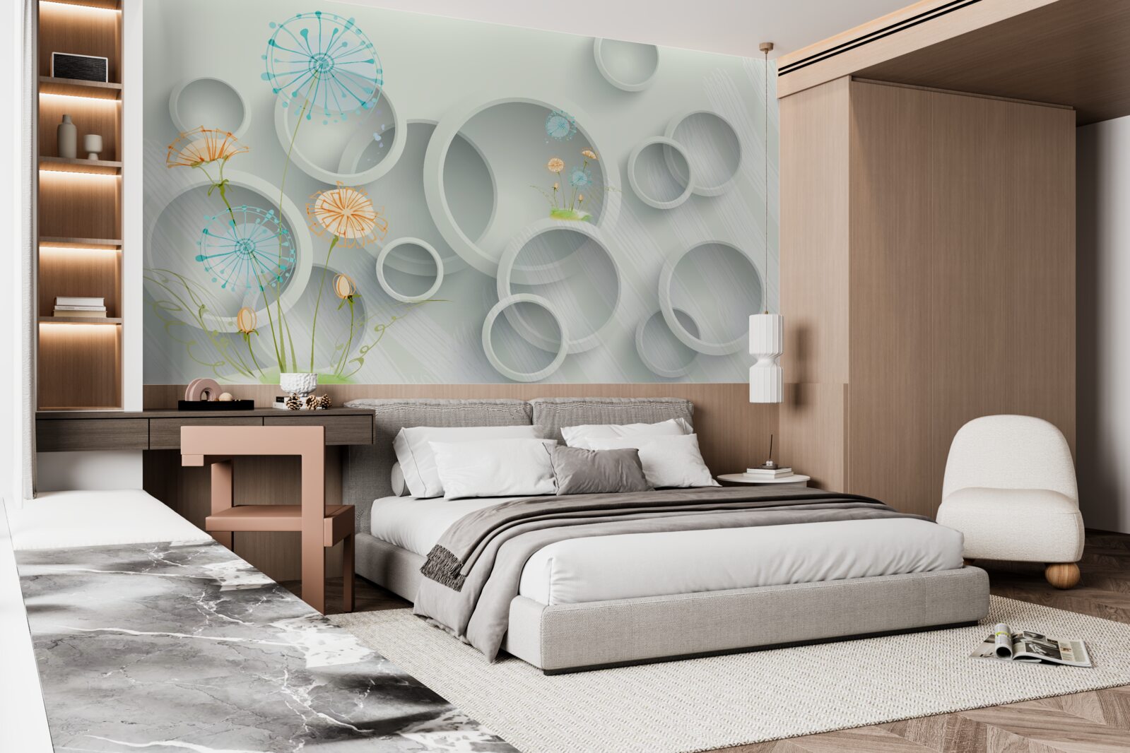 Fotobehang tegen de achtergrond van de cirkels in de wei bloeien paardenbloemen