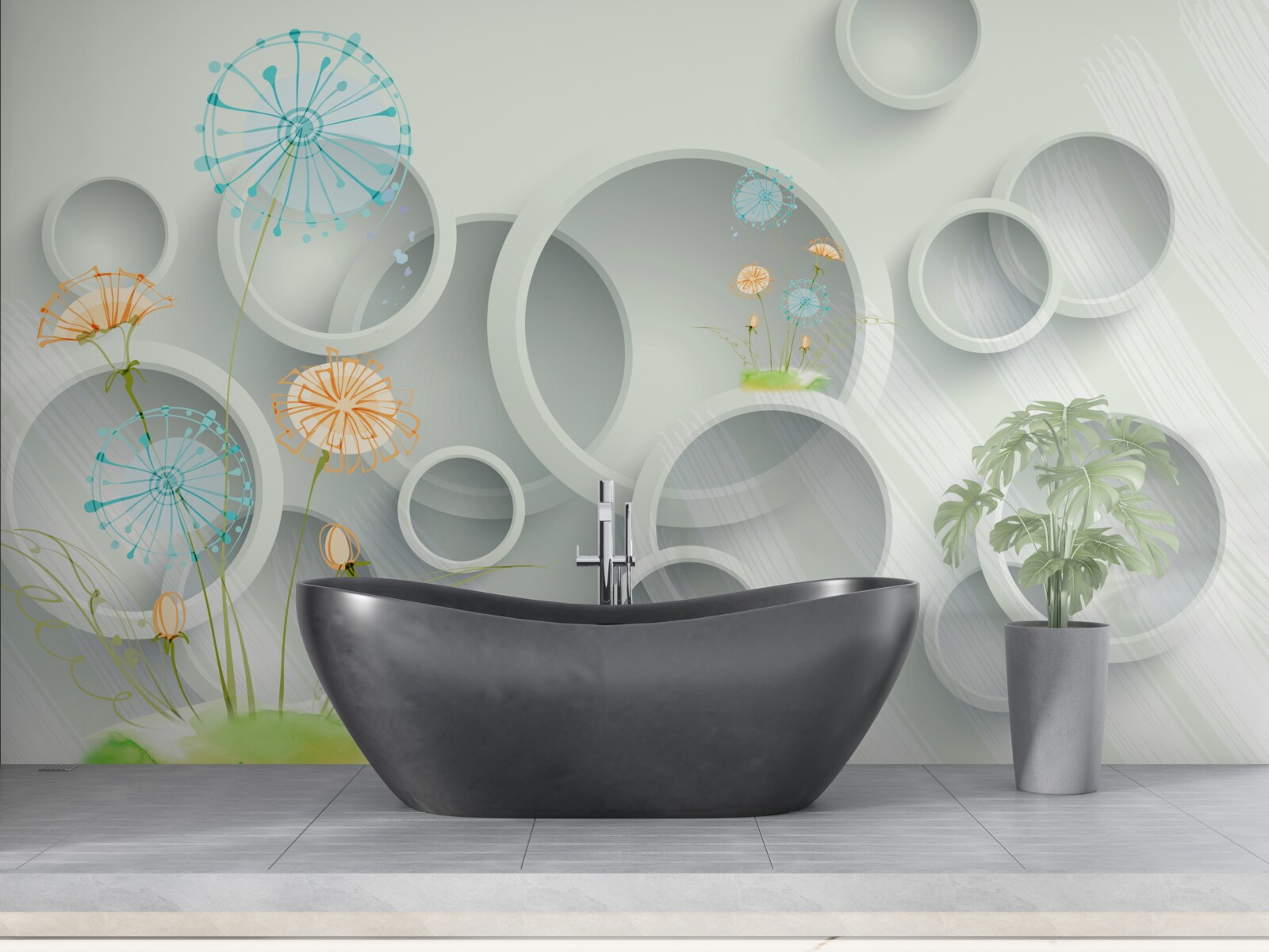 Fotobehang tegen de achtergrond van de cirkels in de wei bloeien paardenbloemen