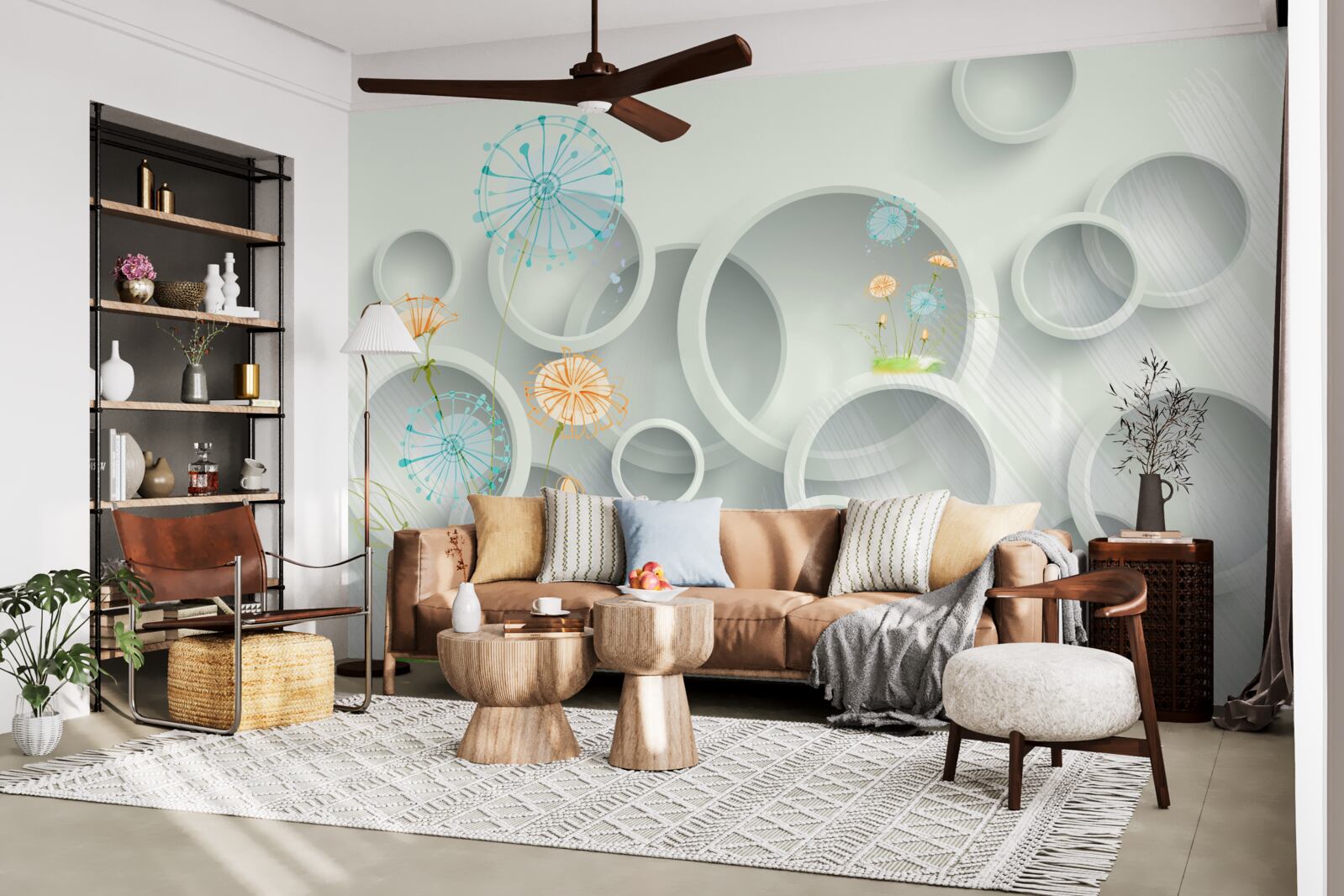 Fotobehang tegen de achtergrond van de cirkels in de wei bloeien paardenbloemen