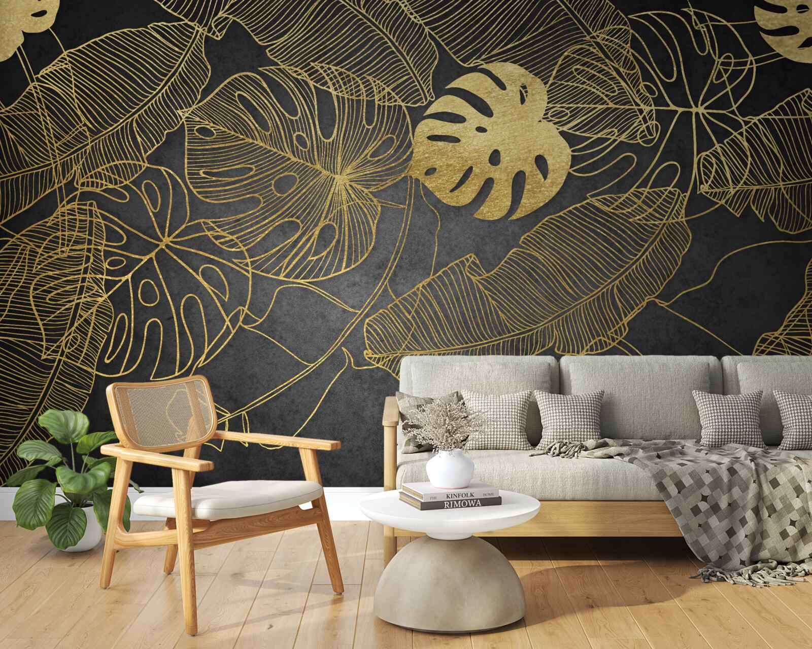 Fotobehang monstera hebben bladeren waarvan de omtrek overeenkomt met de gouden verdeling