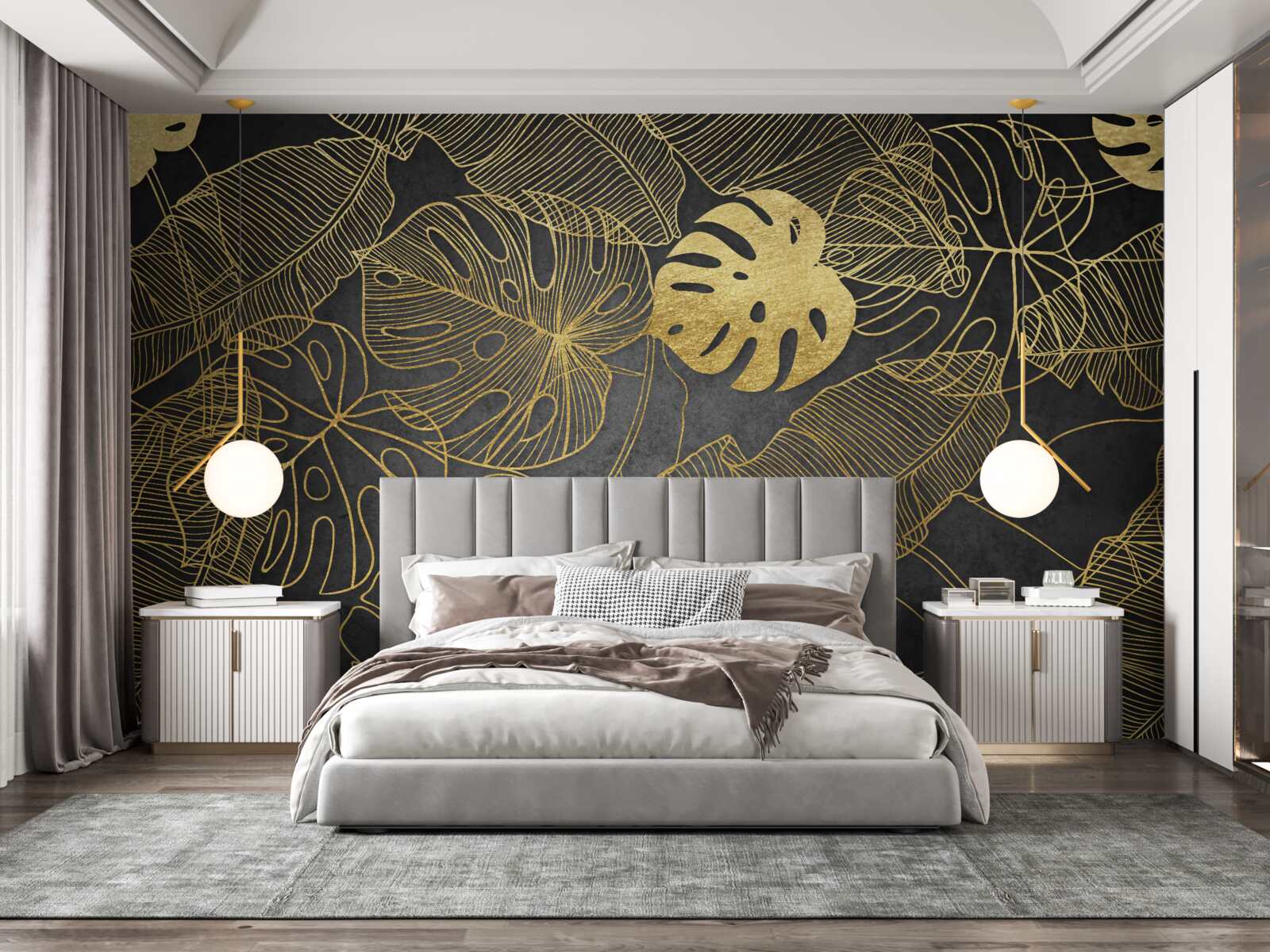 Fotobehang monstera hebben bladeren waarvan de omtrek overeenkomt met de gouden verdeling