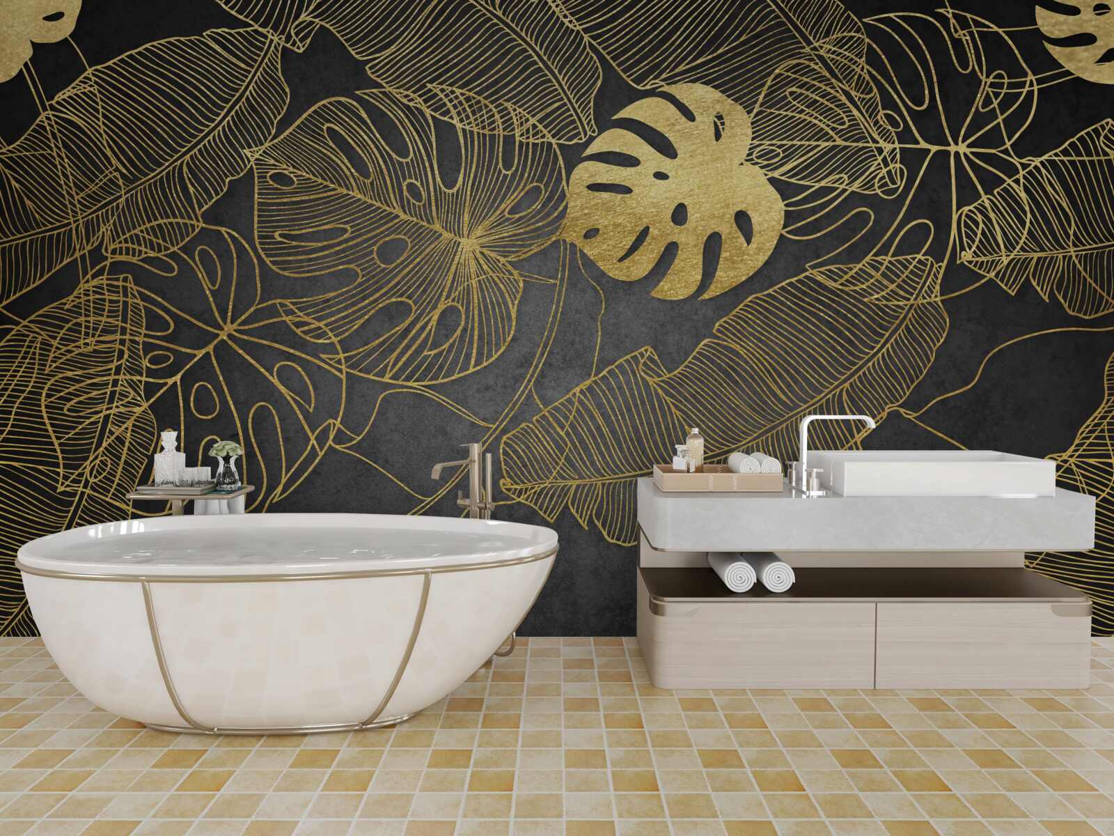 Fotobehang monstera hebben bladeren waarvan de omtrek overeenkomt met de gouden verdeling