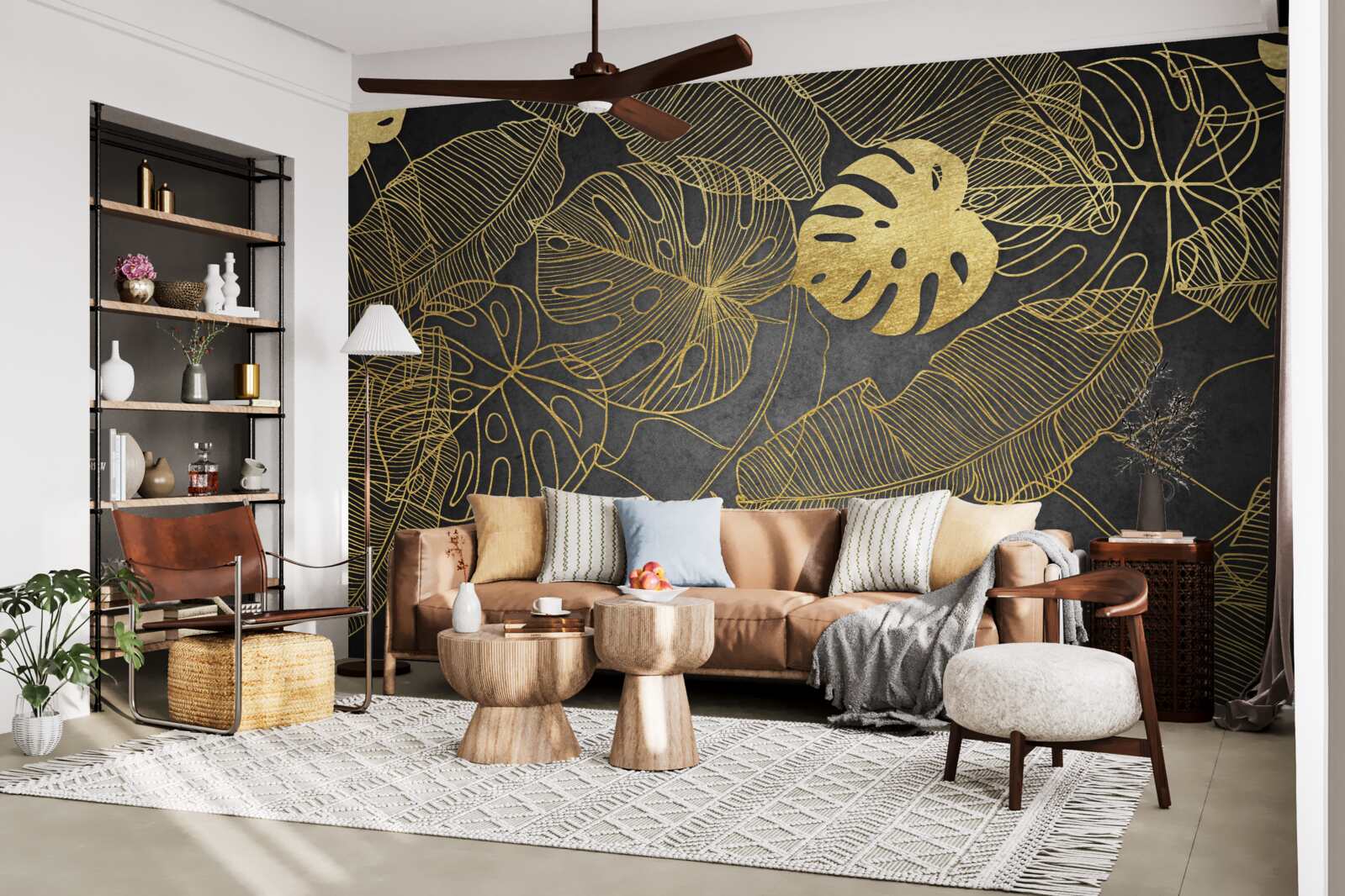 Fotobehang monstera hebben bladeren waarvan de omtrek overeenkomt met de gouden verdeling