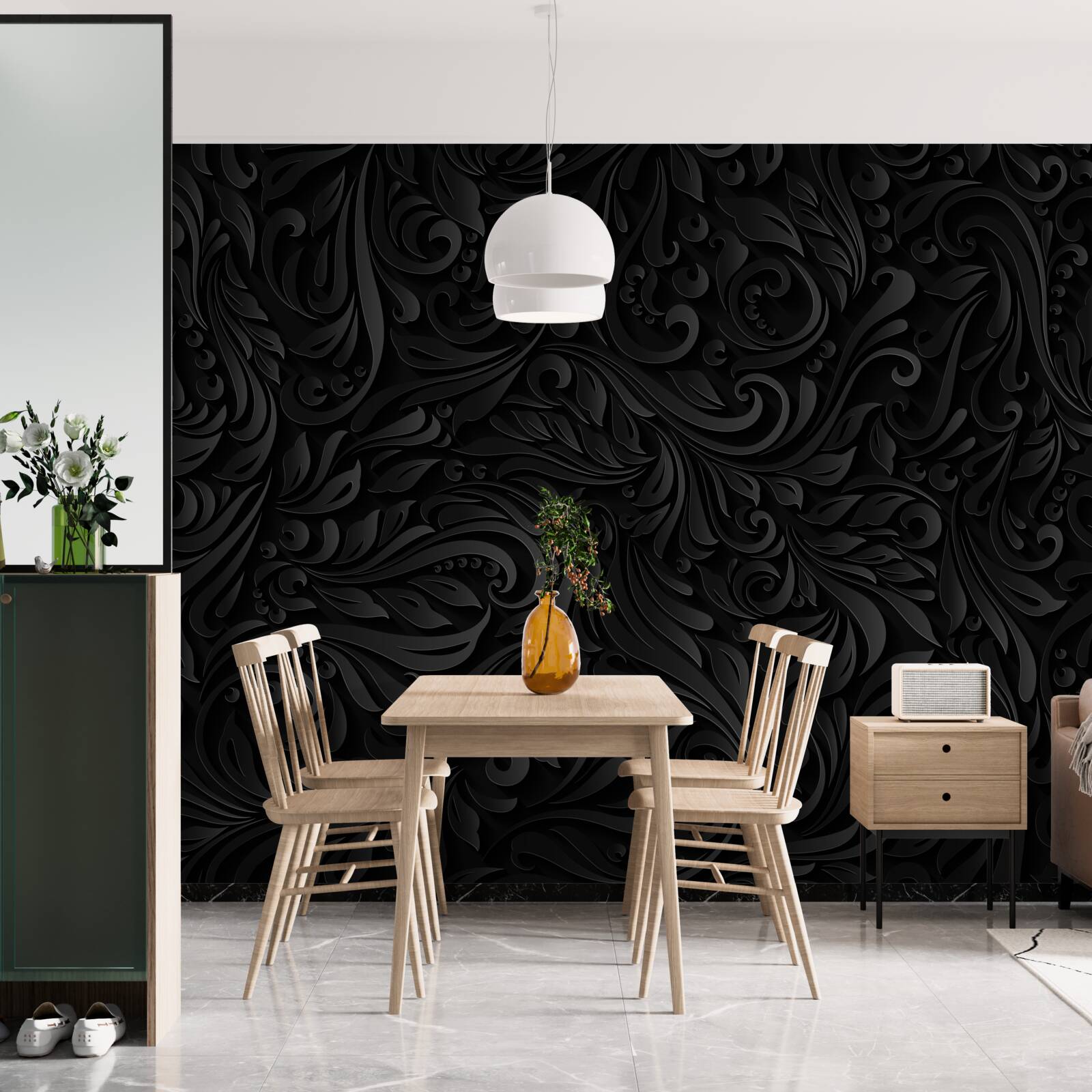 Fotobehang bladeren met textuur en zwarte bloemen