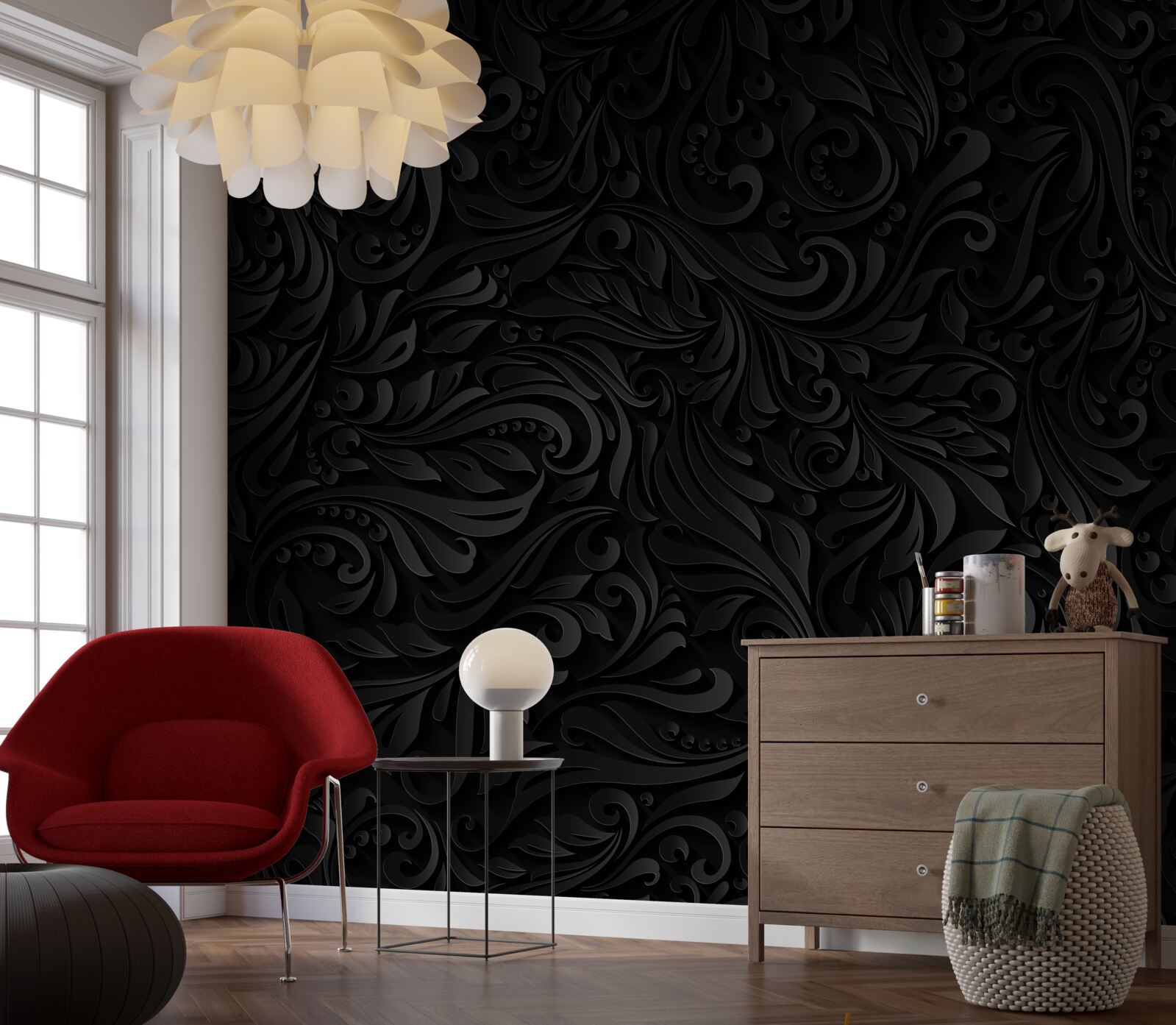 Fotobehang bladeren met textuur en zwarte bloemen