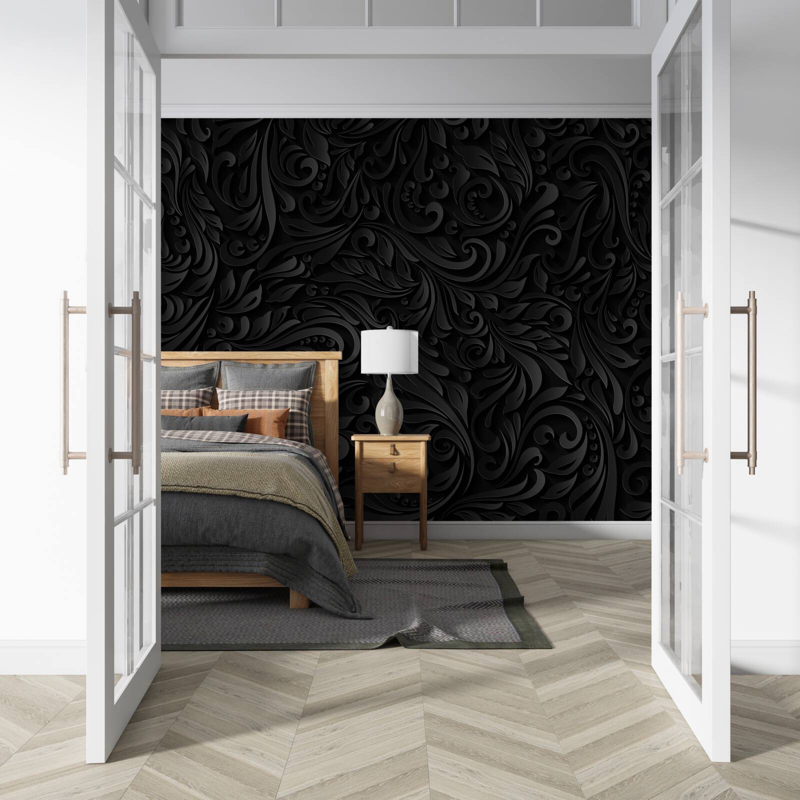 Fotobehang bladeren met textuur en zwarte bloemen