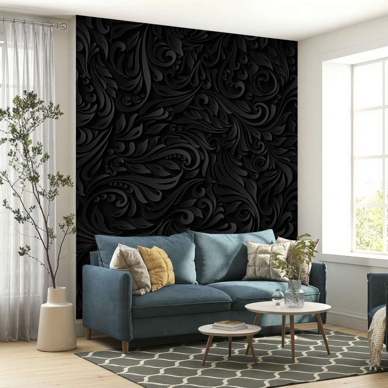 Fotobehang bladeren met textuur en zwarte bloemen