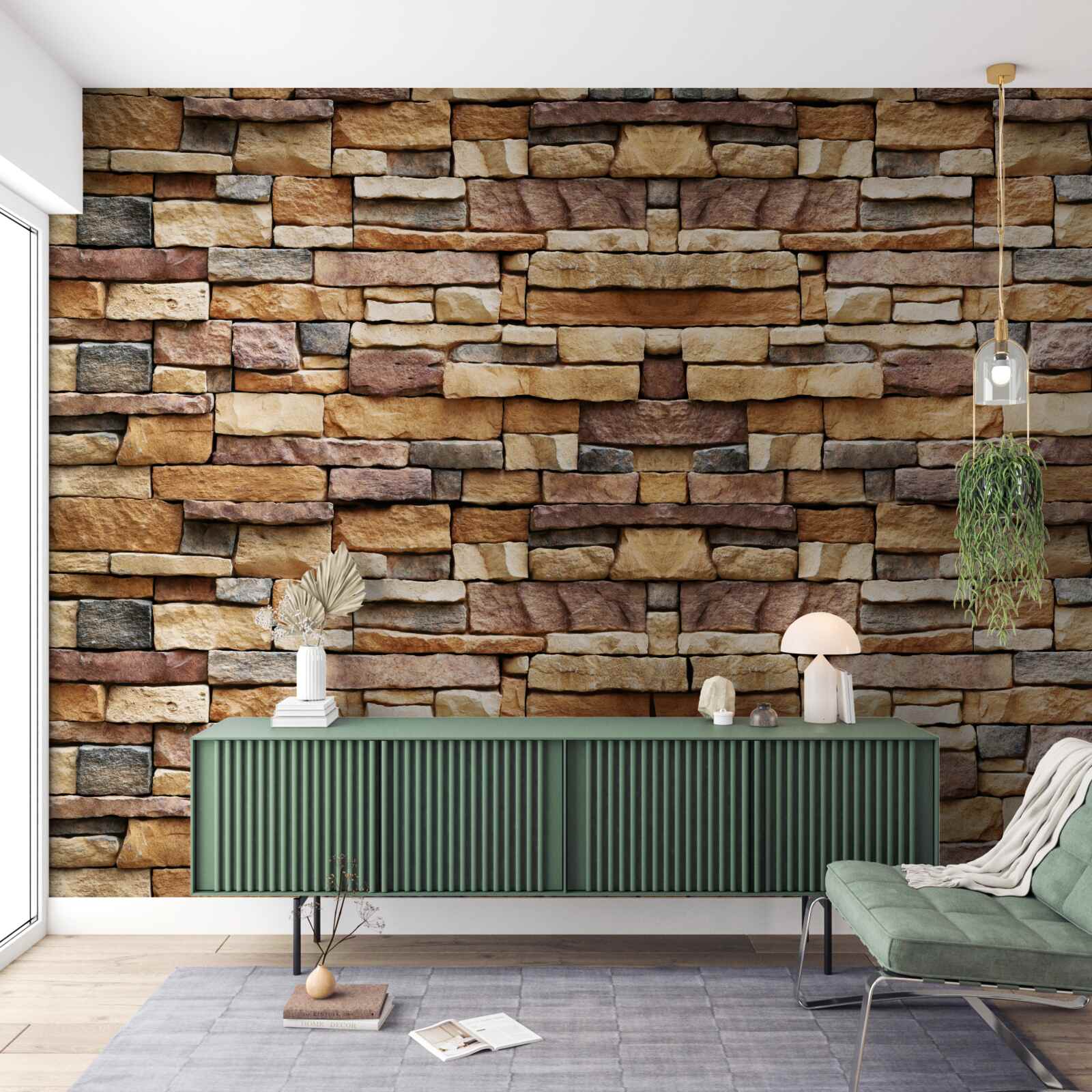 Fotobehang Een muur van veelkleurige stenen