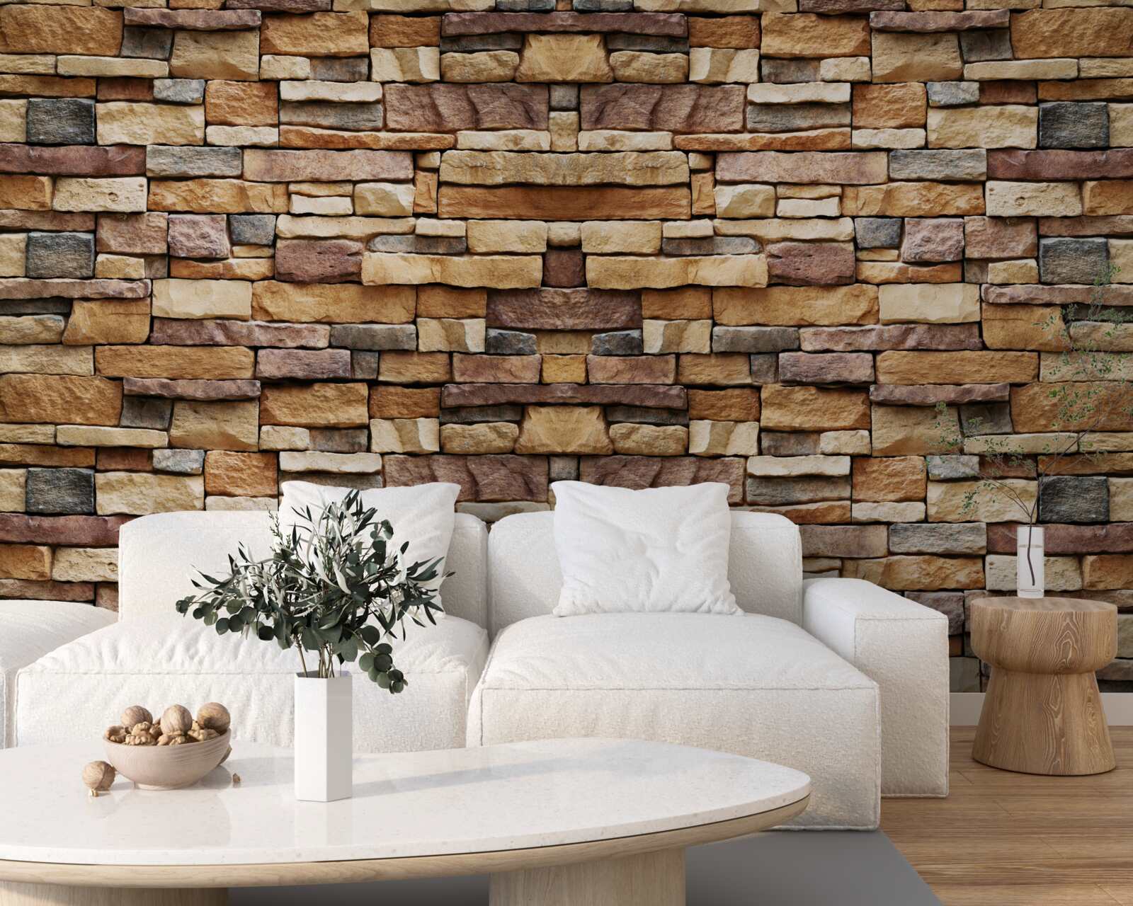 Fotobehang Een muur van veelkleurige stenen