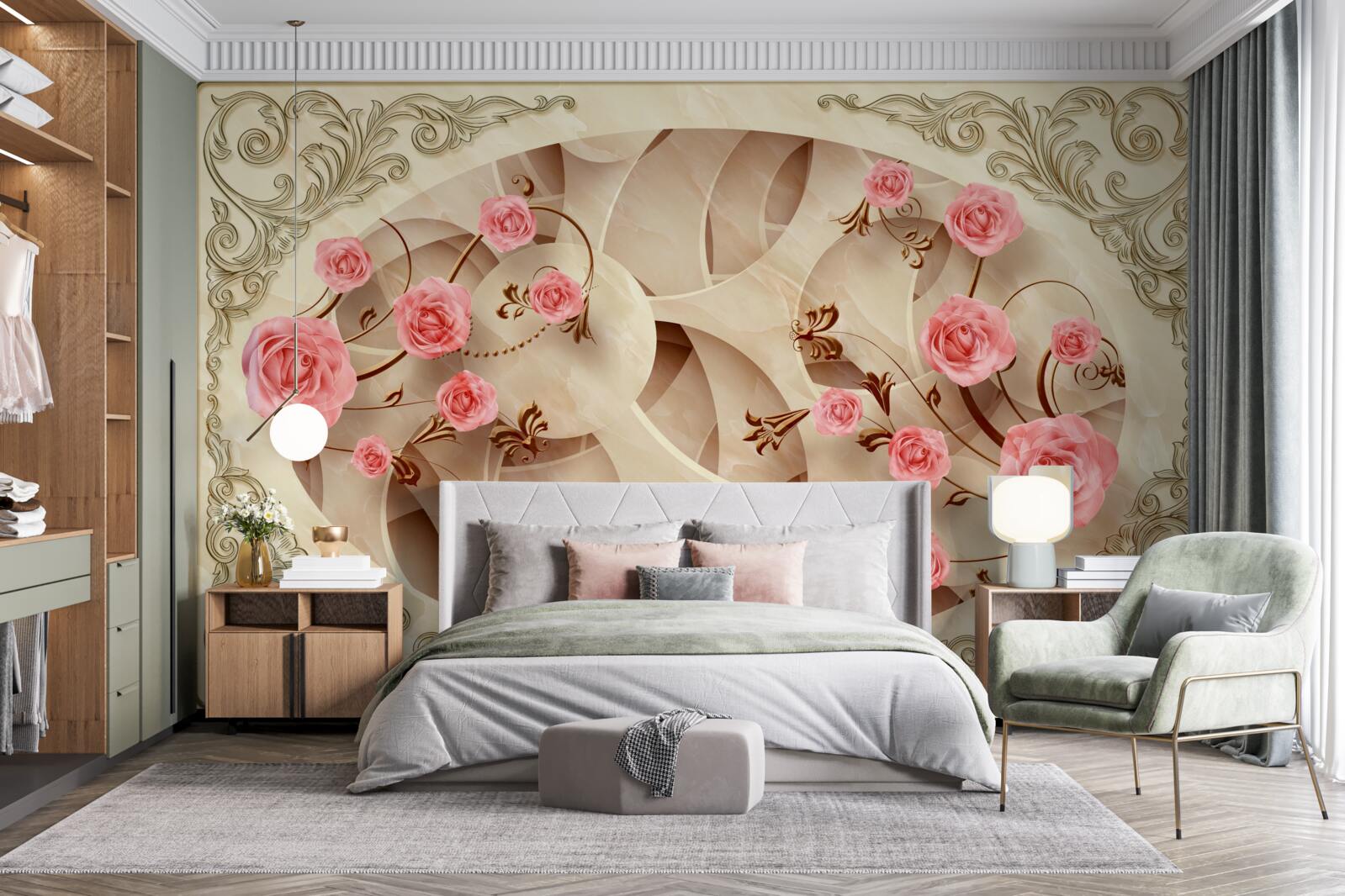 Fotobehang de knoppen van de rozenstruik zijn opgekomen