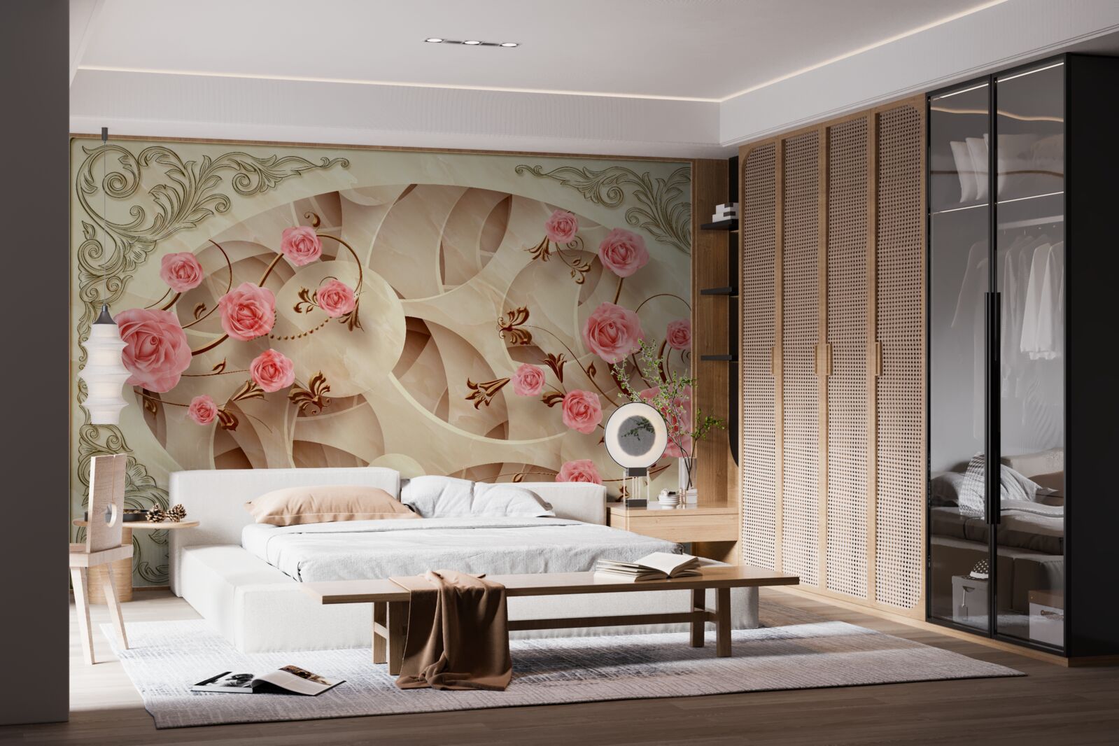 Fotobehang de knoppen van de rozenstruik zijn opgekomen