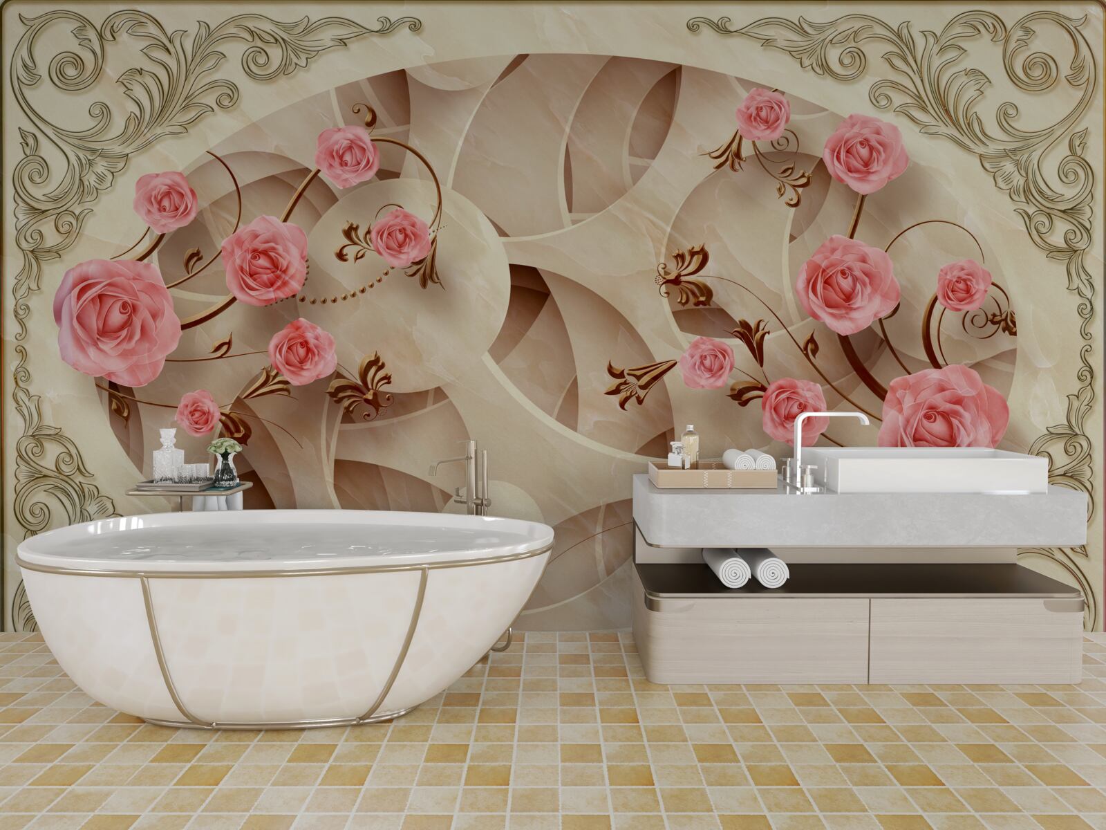 Fotobehang de knoppen van de rozenstruik zijn opgekomen