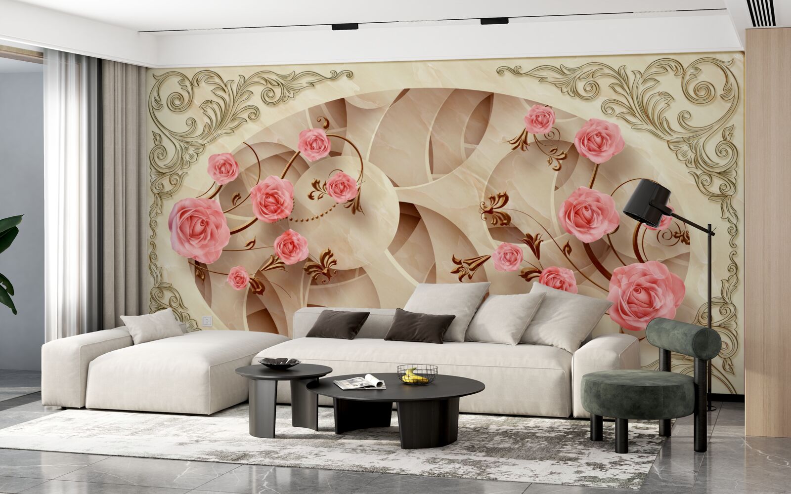 Fotobehang de knoppen van de rozenstruik zijn opgekomen