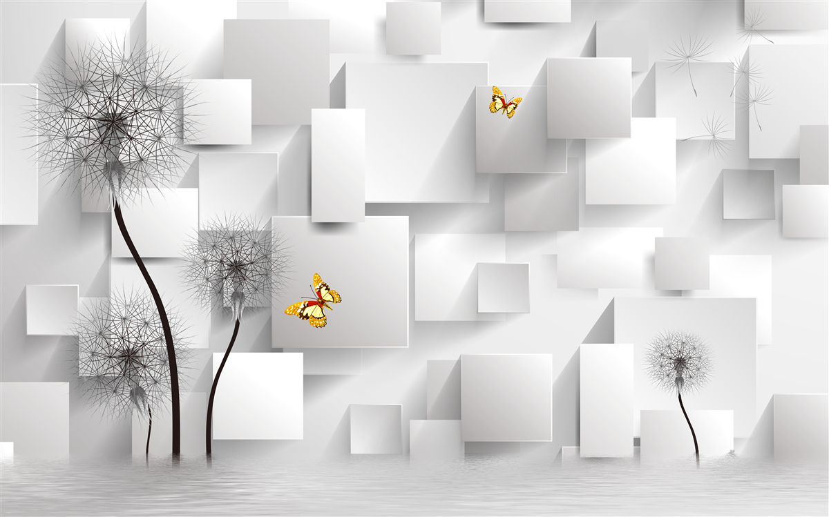 Fotobehang abstracte witte vierkanten met paardenbloemen op de voorgrond