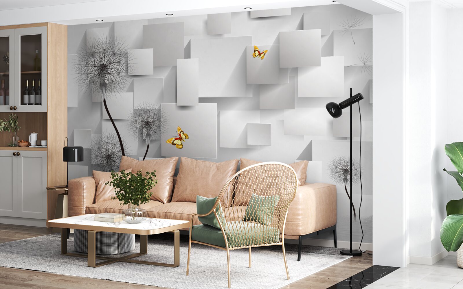 Fotobehang abstracte witte vierkanten met paardenbloemen op de voorgrond