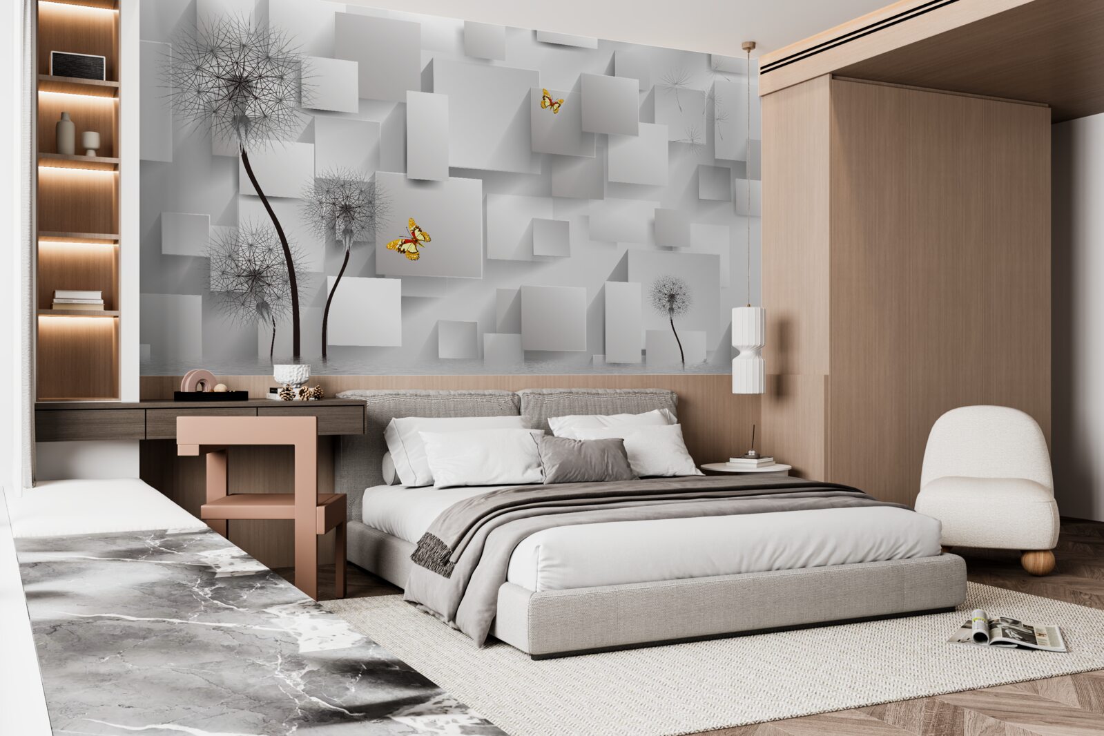 Fotobehang abstracte witte vierkanten met paardenbloemen op de voorgrond