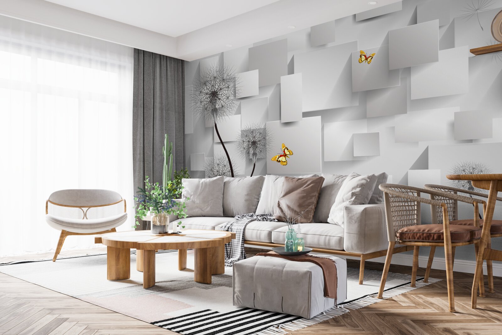 Fotobehang abstracte witte vierkanten met paardenbloemen op de voorgrond