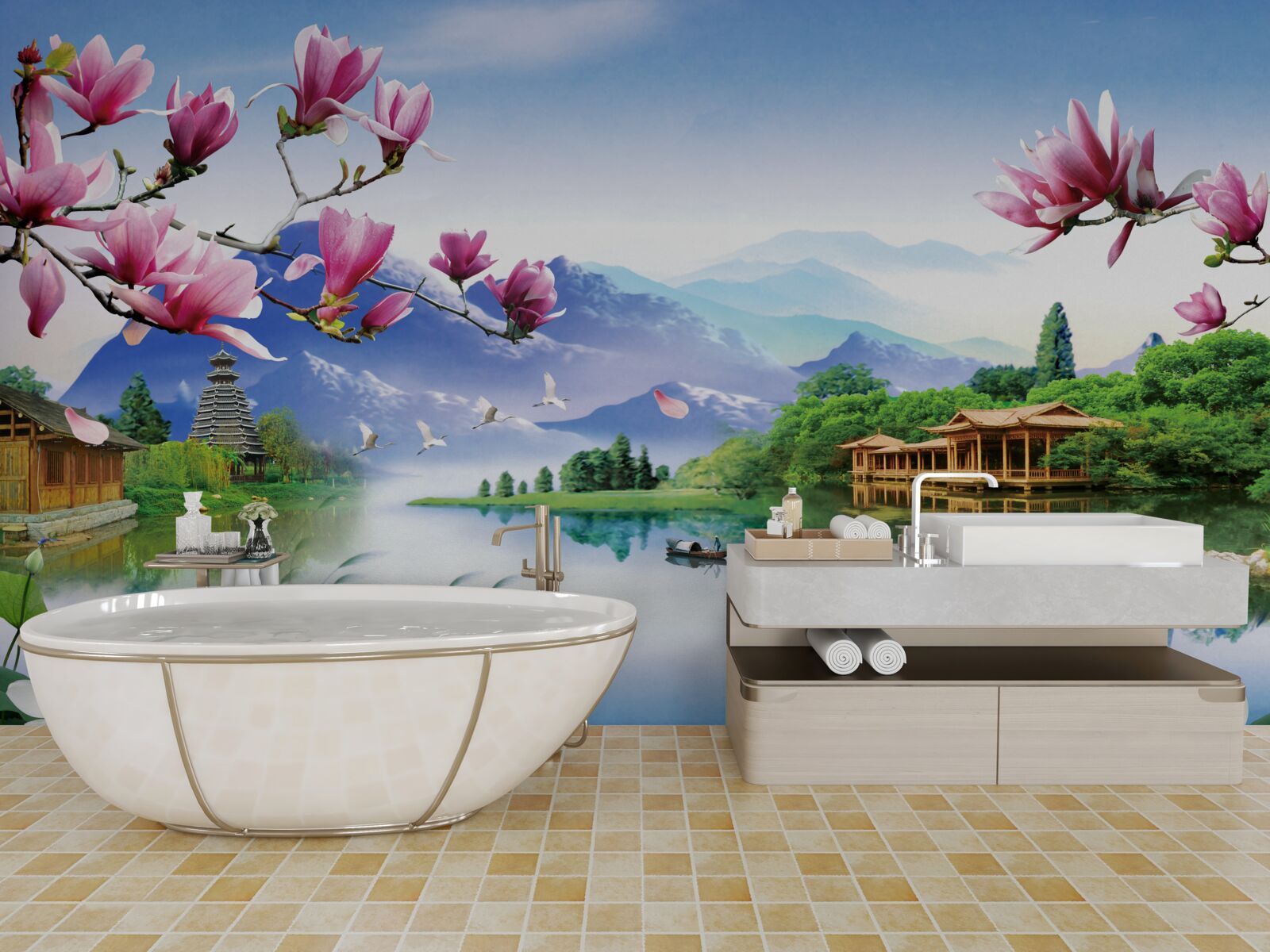 Fotobehang prachtig panoramisch uitzicht op het berglandschap en de rivierstroom