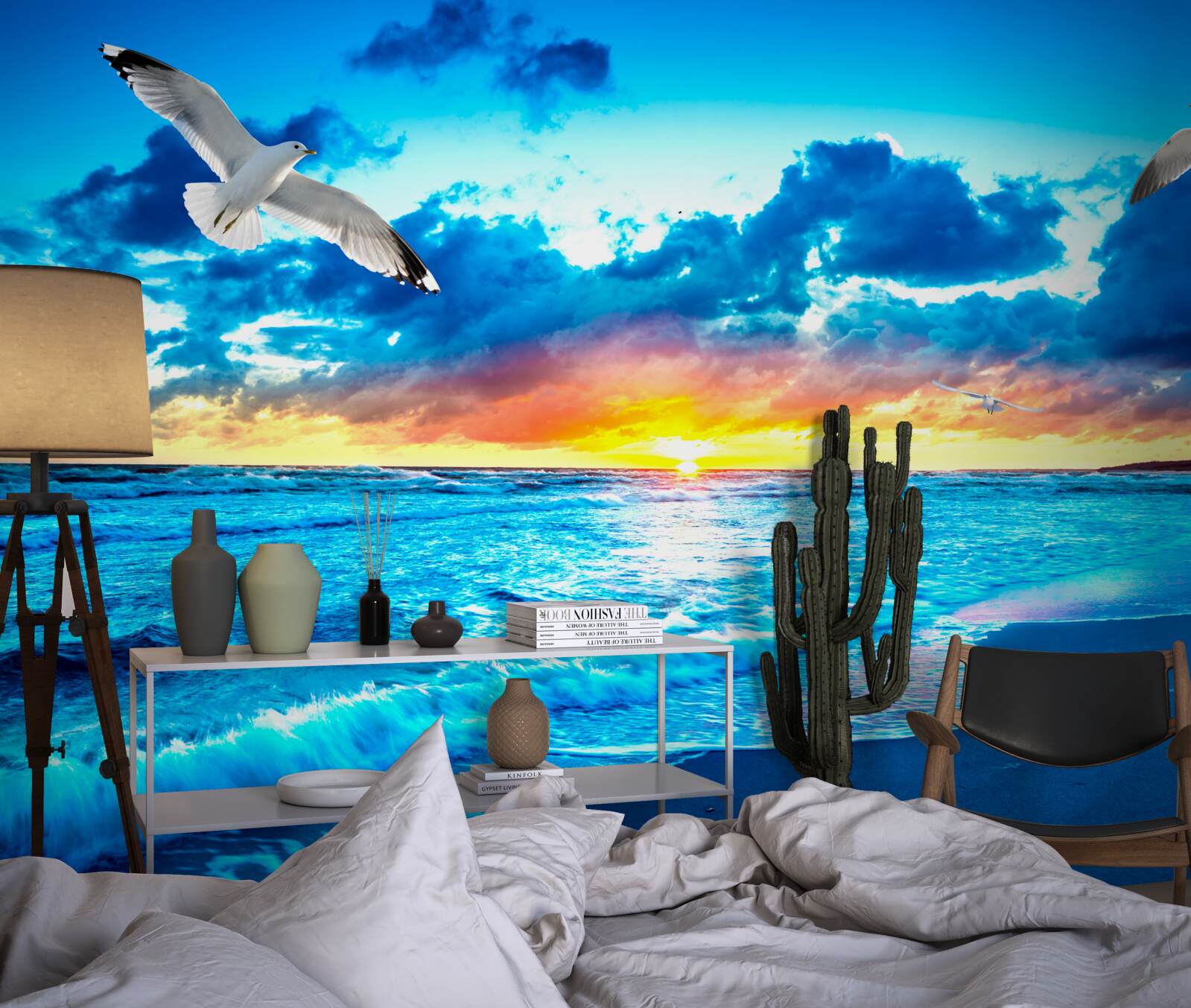 Fotobehang zonsondergang over zee en dromende meeuwen