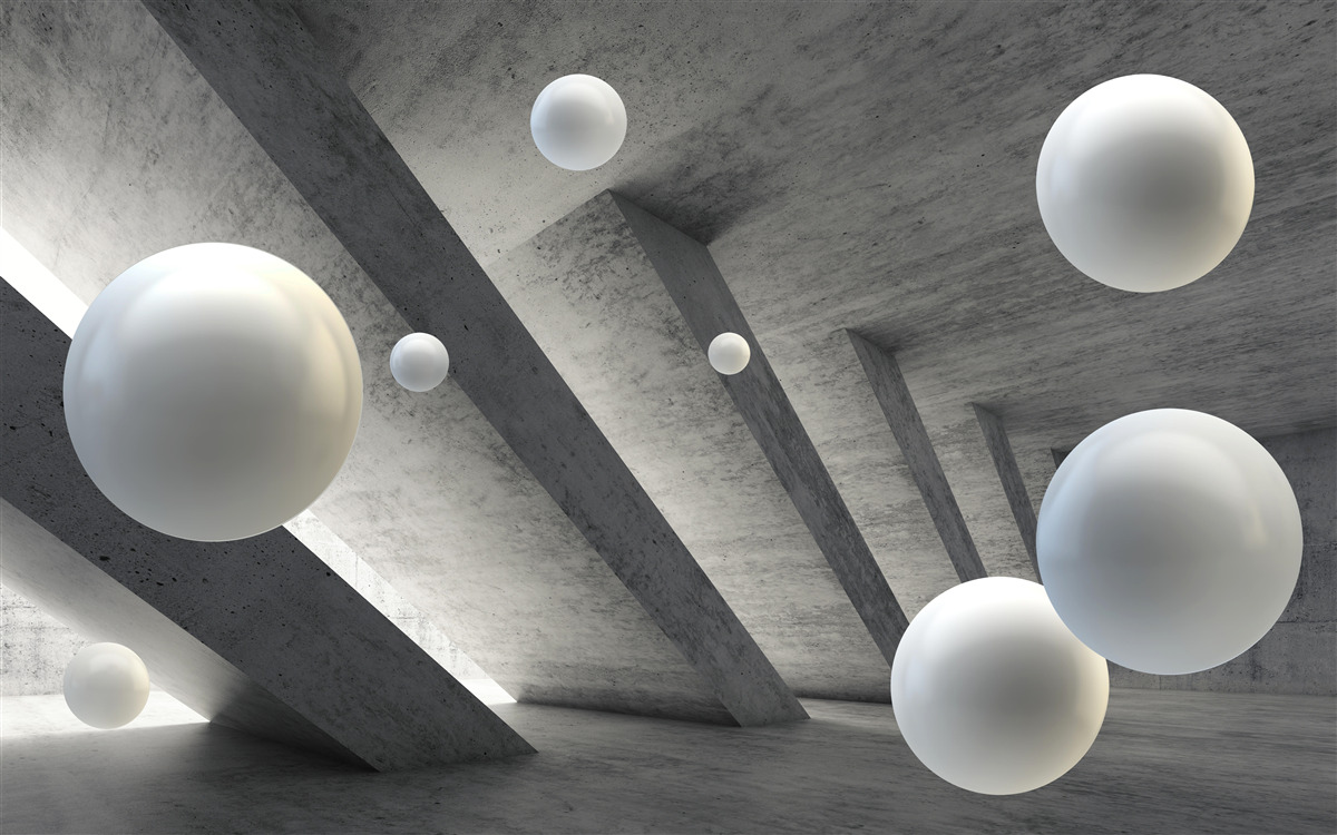 Fotobehang witte bolletjes in een betonnen gang