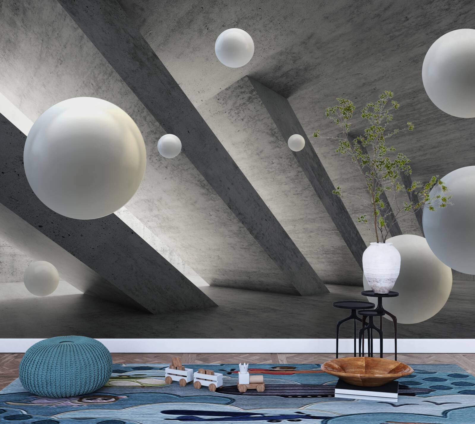 Fotobehang witte bolletjes in een betonnen gang