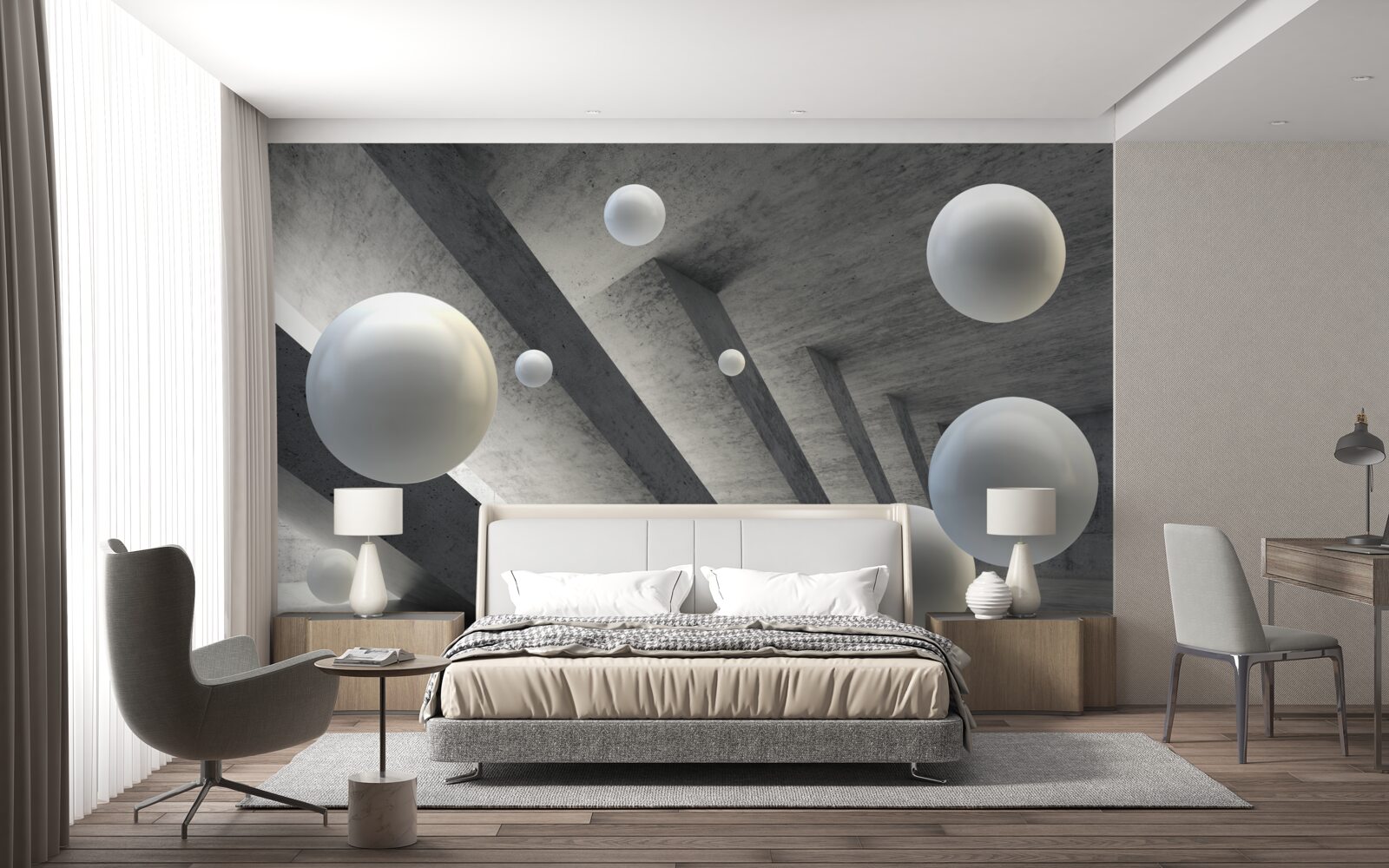 Fotobehang witte bolletjes in een betonnen gang