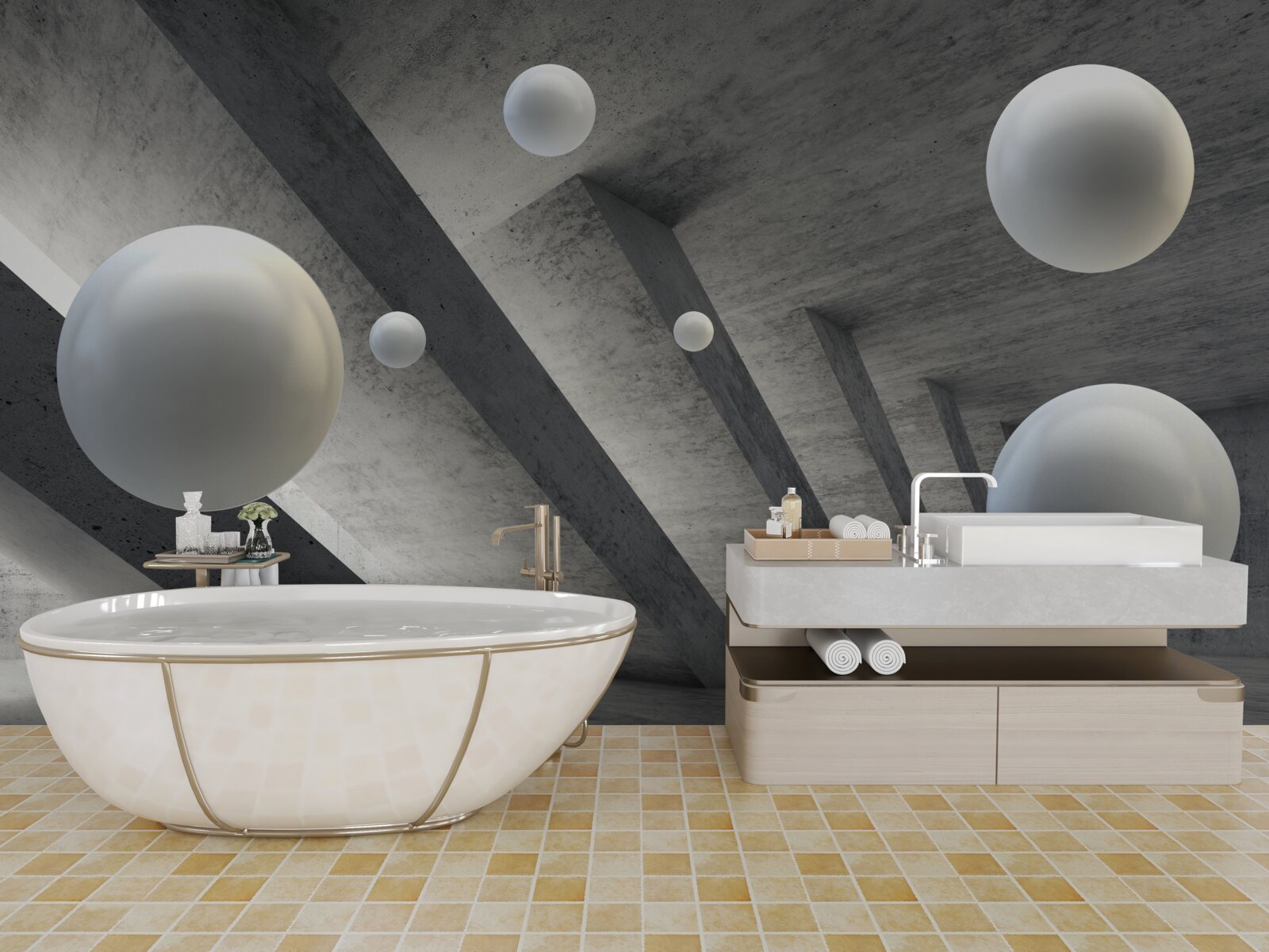 Fotobehang witte bolletjes in een betonnen gang