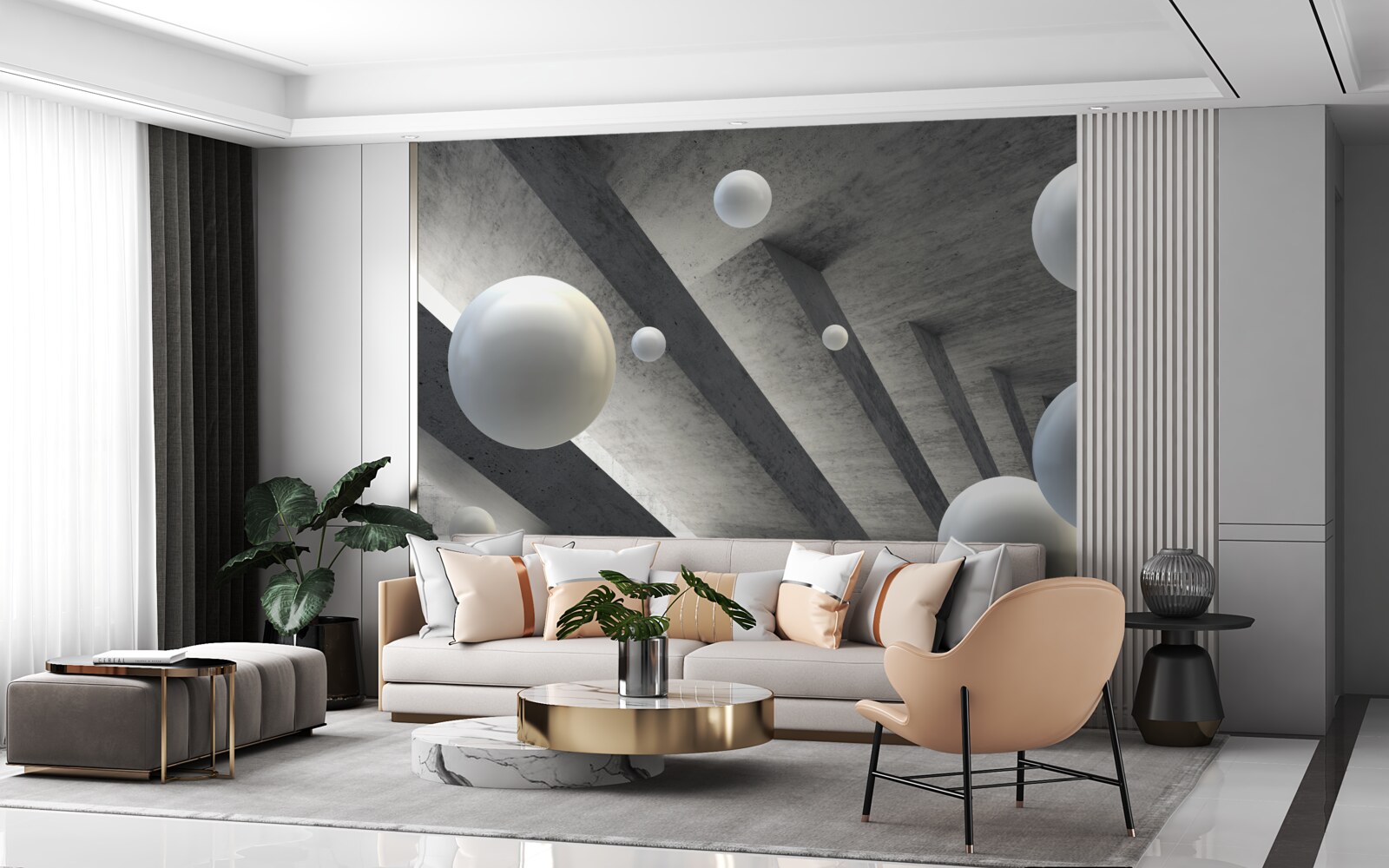 Fotobehang witte bolletjes in een betonnen gang