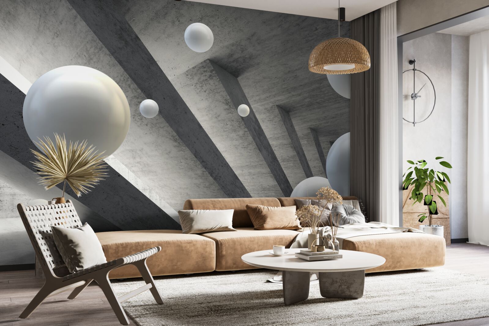 Fotobehang witte bolletjes in een betonnen gang