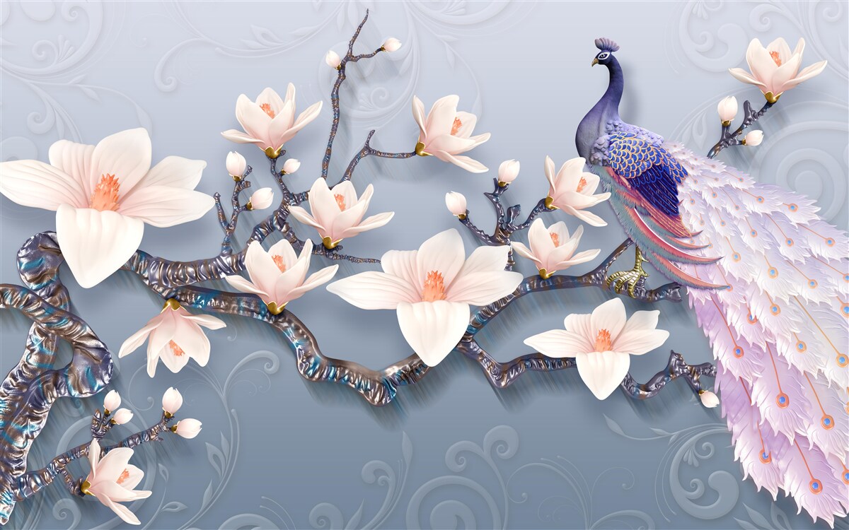 Fotobehang een prachtige pauw zittend op een tak met knoppen