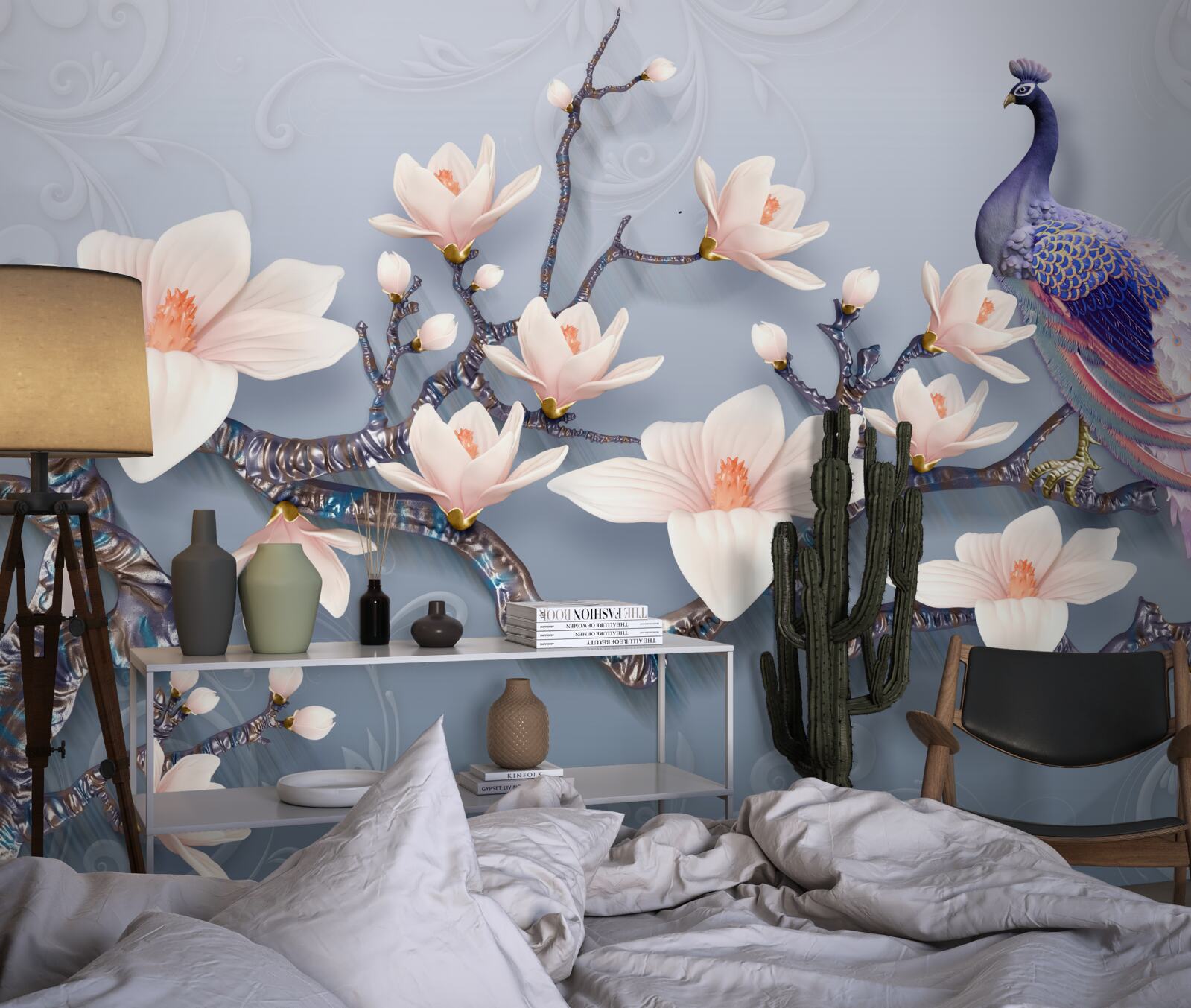 Fotobehang een prachtige pauw zittend op een tak met knoppen