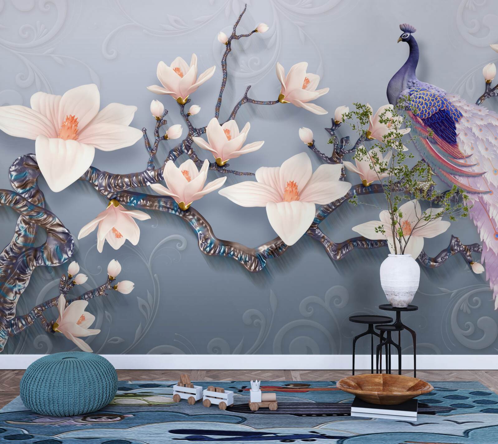 Fotobehang een prachtige pauw zittend op een tak met knoppen