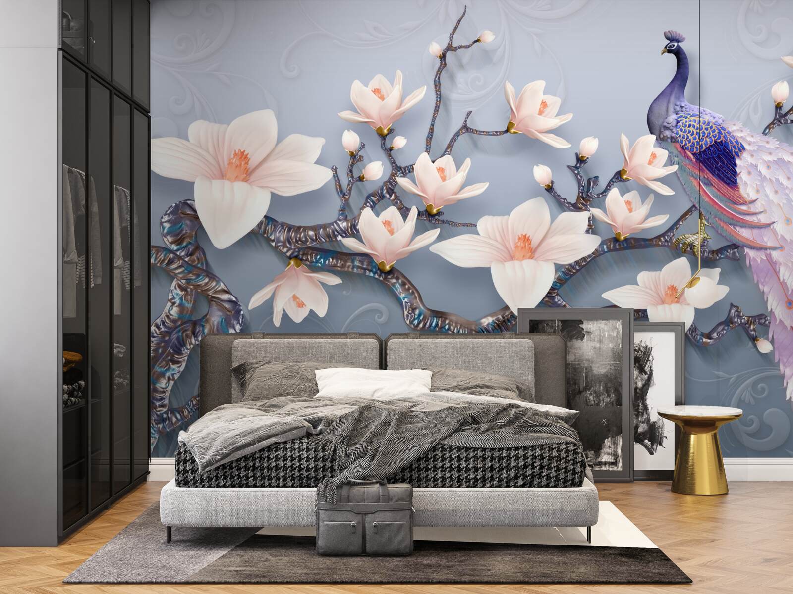 Fotobehang een prachtige pauw zittend op een tak met knoppen