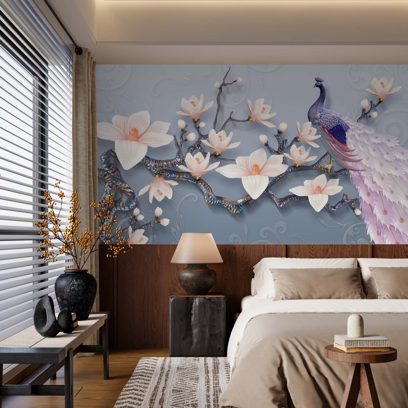 Fotobehang een prachtige pauw zittend op een tak met knoppen