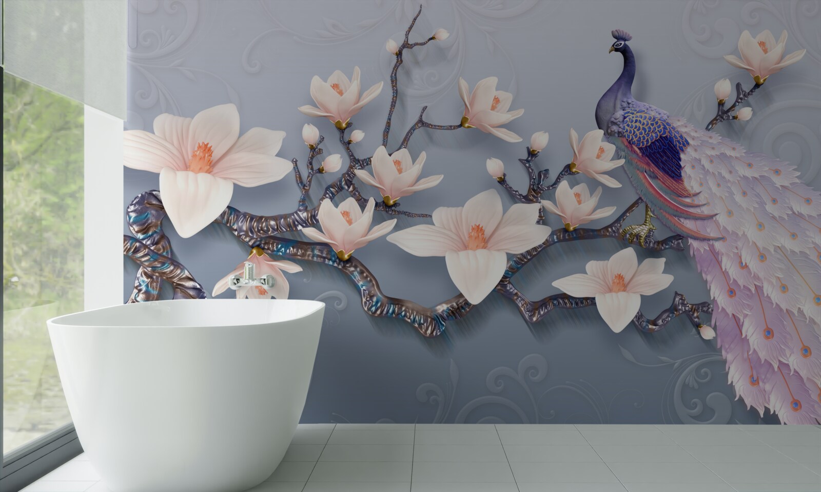 Fotobehang een prachtige pauw zittend op een tak met knoppen