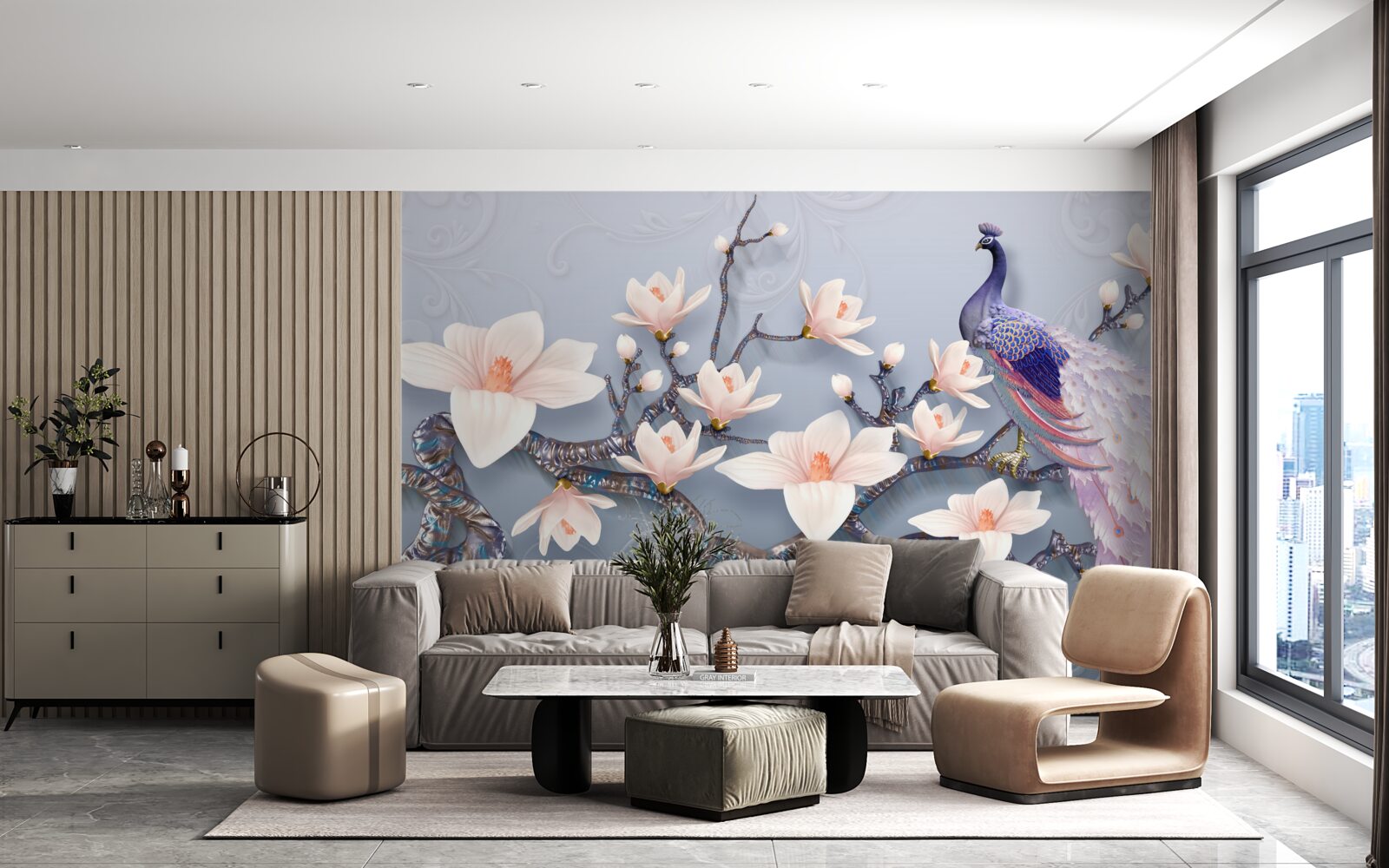 Fotobehang een prachtige pauw zittend op een tak met knoppen