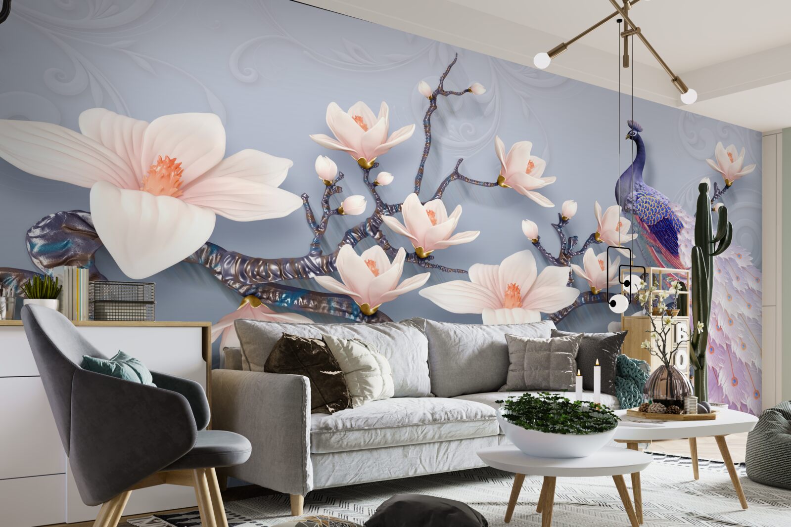 Fotobehang een prachtige pauw zittend op een tak met knoppen