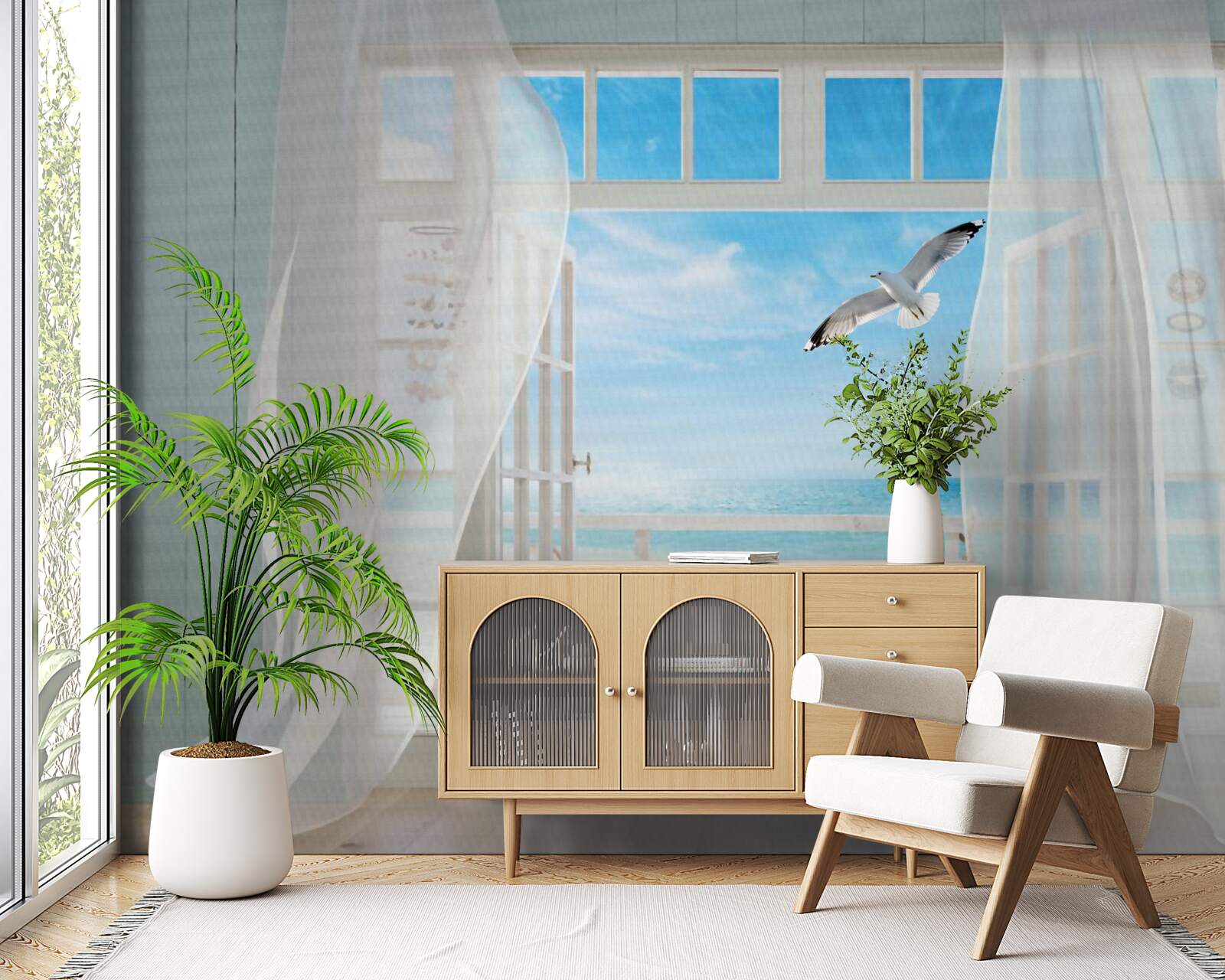 Fotobehang de uitgang, sneeuwwit geschilderd, leidde naar een zanderige kustlijn