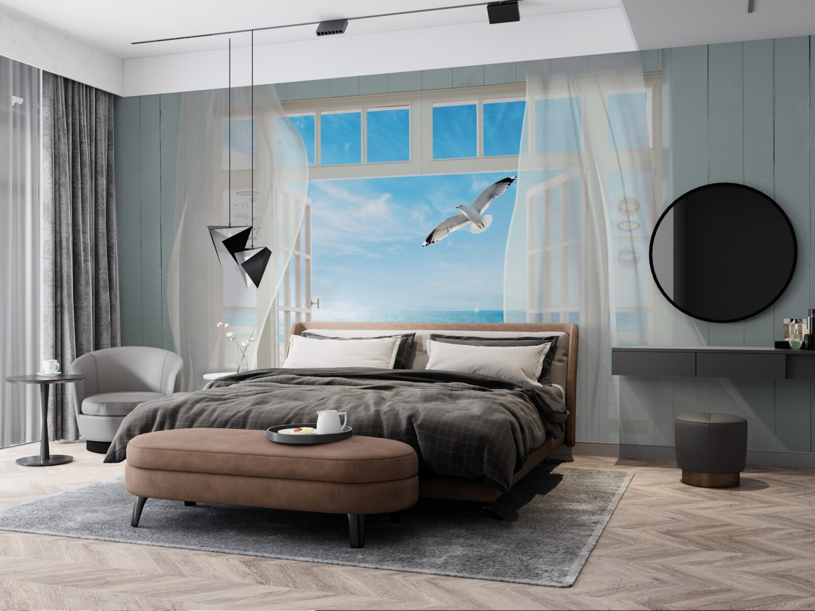 Fotobehang de uitgang, sneeuwwit geschilderd, leidde naar een zanderige kustlijn