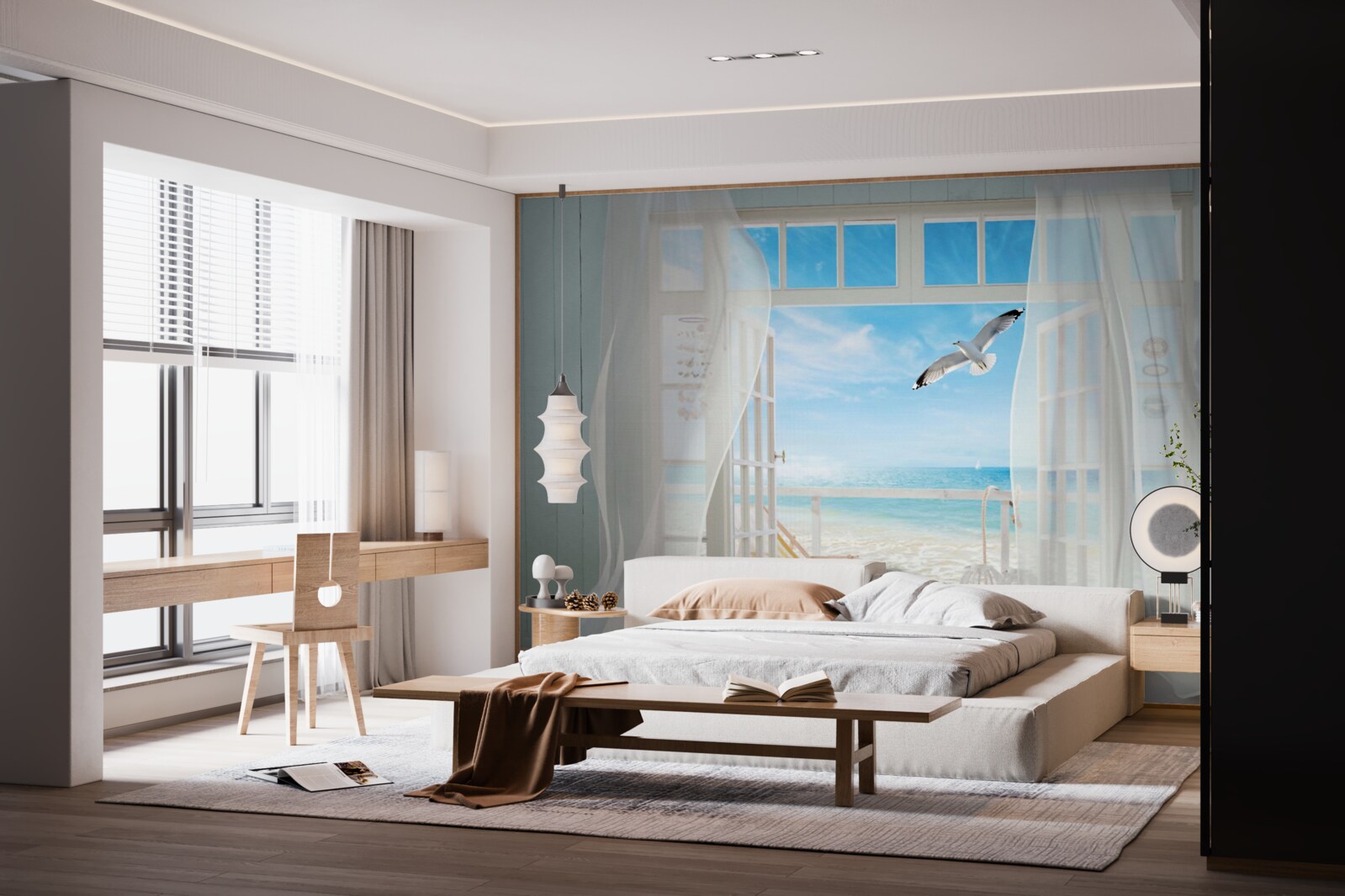 Fotobehang de uitgang, sneeuwwit geschilderd, leidde naar een zanderige kustlijn