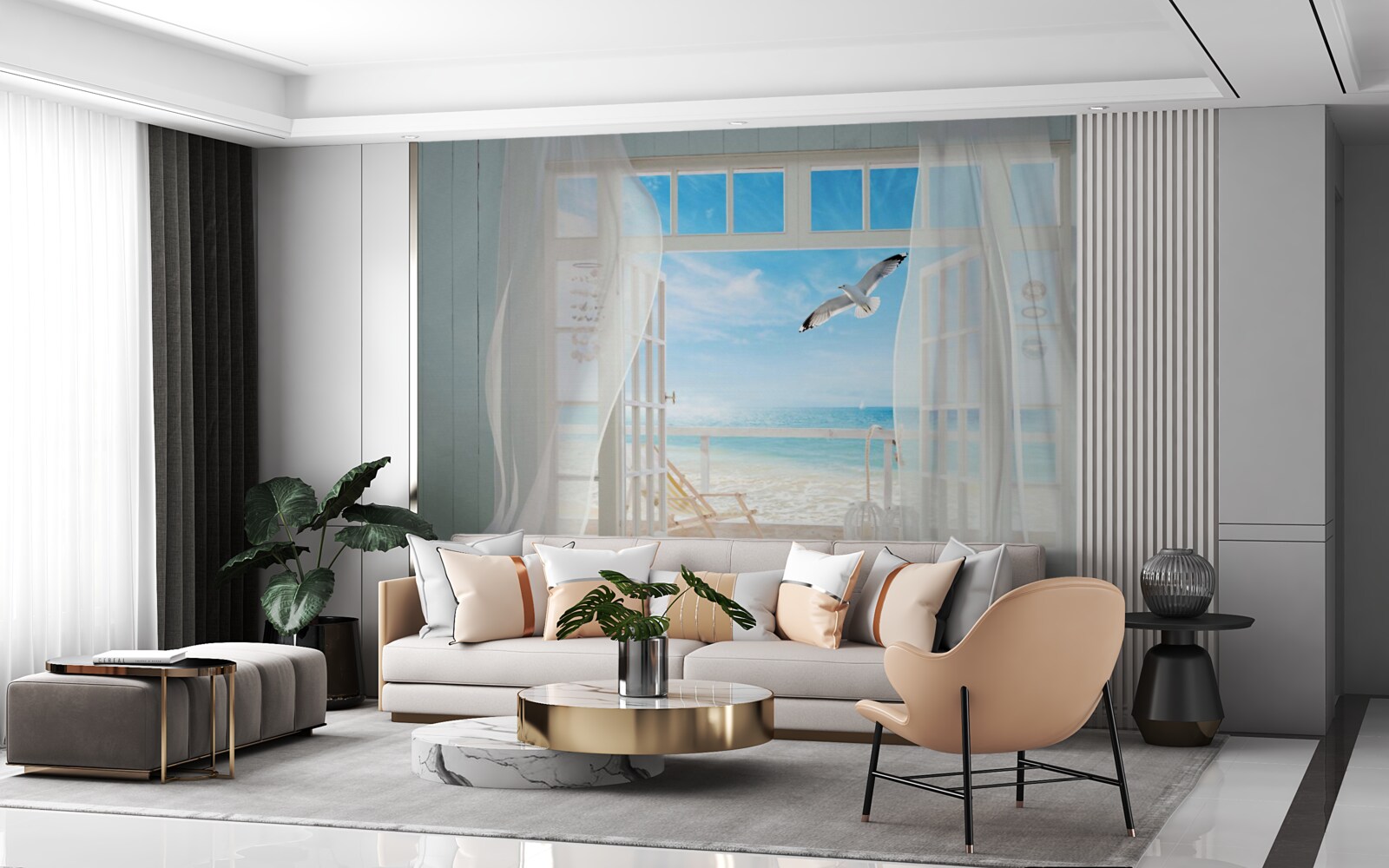 Fotobehang de uitgang, sneeuwwit geschilderd, leidde naar een zanderige kustlijn