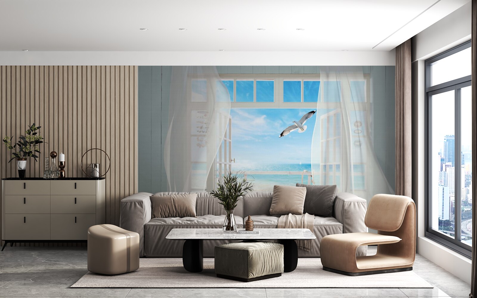 Fotobehang de uitgang, sneeuwwit geschilderd, leidde naar een zanderige kustlijn