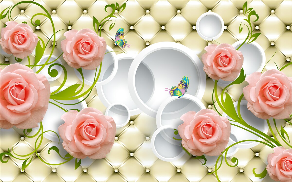 Fotobehang zachtroze rozen met groene stelen