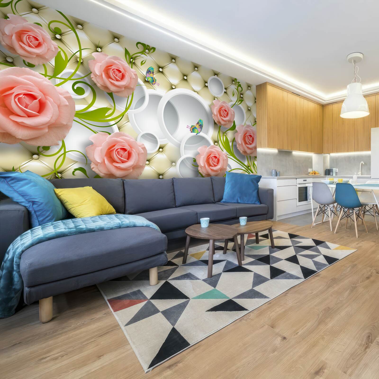 Fotobehang zachtroze rozen met groene stelen