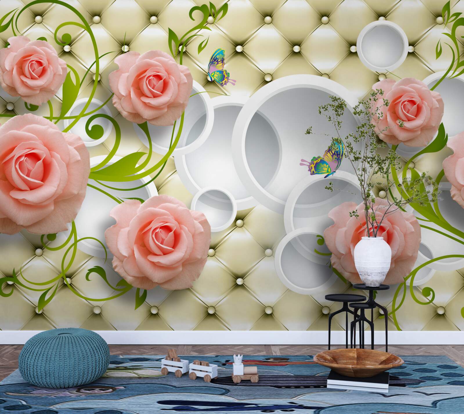 Fotobehang zachtroze rozen met groene stelen