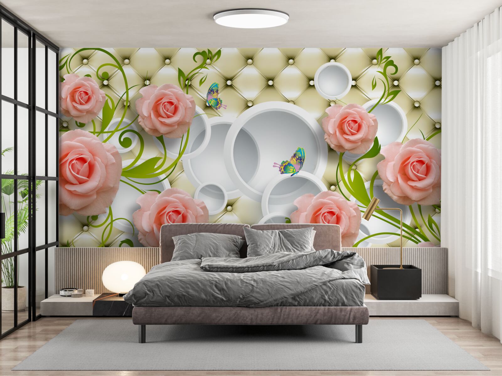 Fotobehang zachtroze rozen met groene stelen